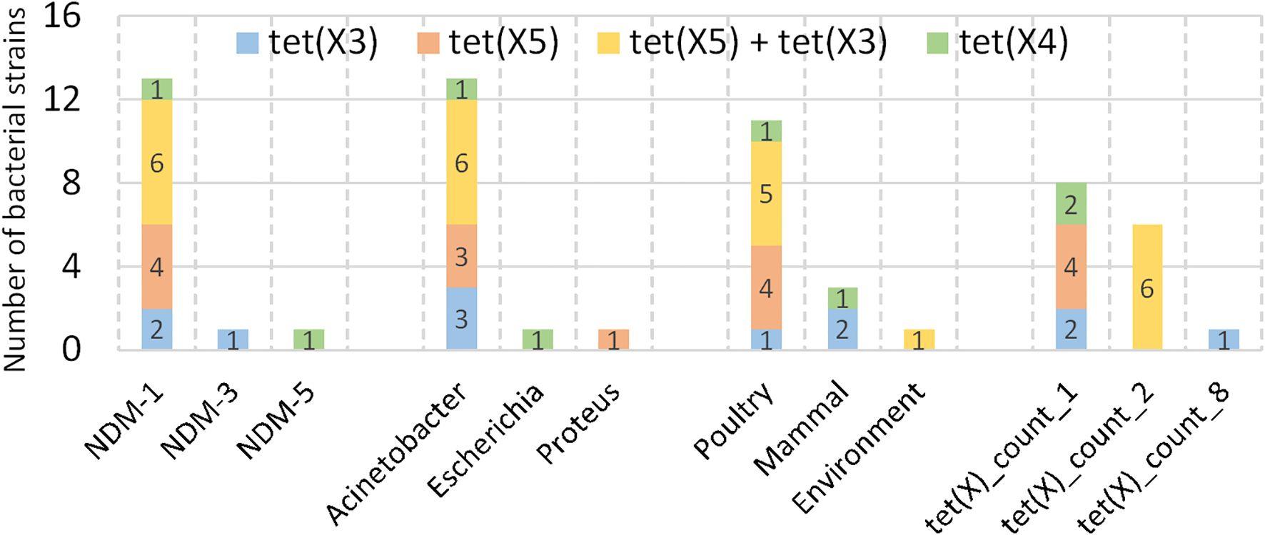 Bar chart showing the number of bacterial strains across different categories, including NDM types, bacterial species, and environmental sources. The chart is color-coded to represent four markers: tet(X3), tet(X5), tet(X5) + tet(X3), and tet(X4). Categories like NDM-1 and Escherichia have higher counts, with a range from 0 to 16 strains per category.