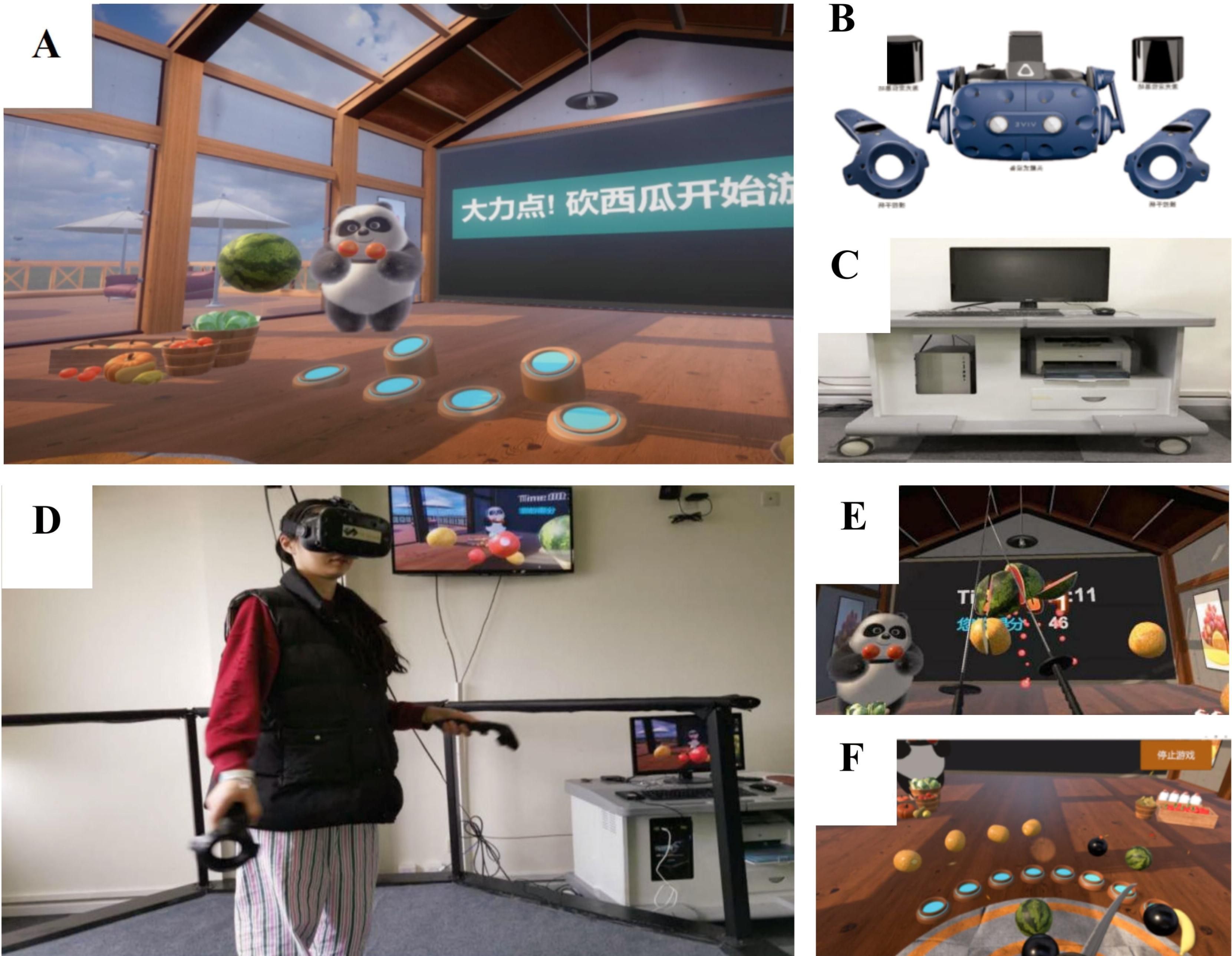 A series of images depicting the VR serious game Fruit Pioneer. A: Game environment: A brightly lit room with a cute panda. B: VR equipment: VR headset, headphones, and controllers. C: Personal computer setup. D: User wearing VR headset and holding controllers; the screen displays real-time gameplay. E: User's field of view (horizontal perspective): A swinging panda, scoreboard, fruits, and two long knives. F: User's field of view (top-down perspective): A circular arrangement of fruit-shooting spouts.