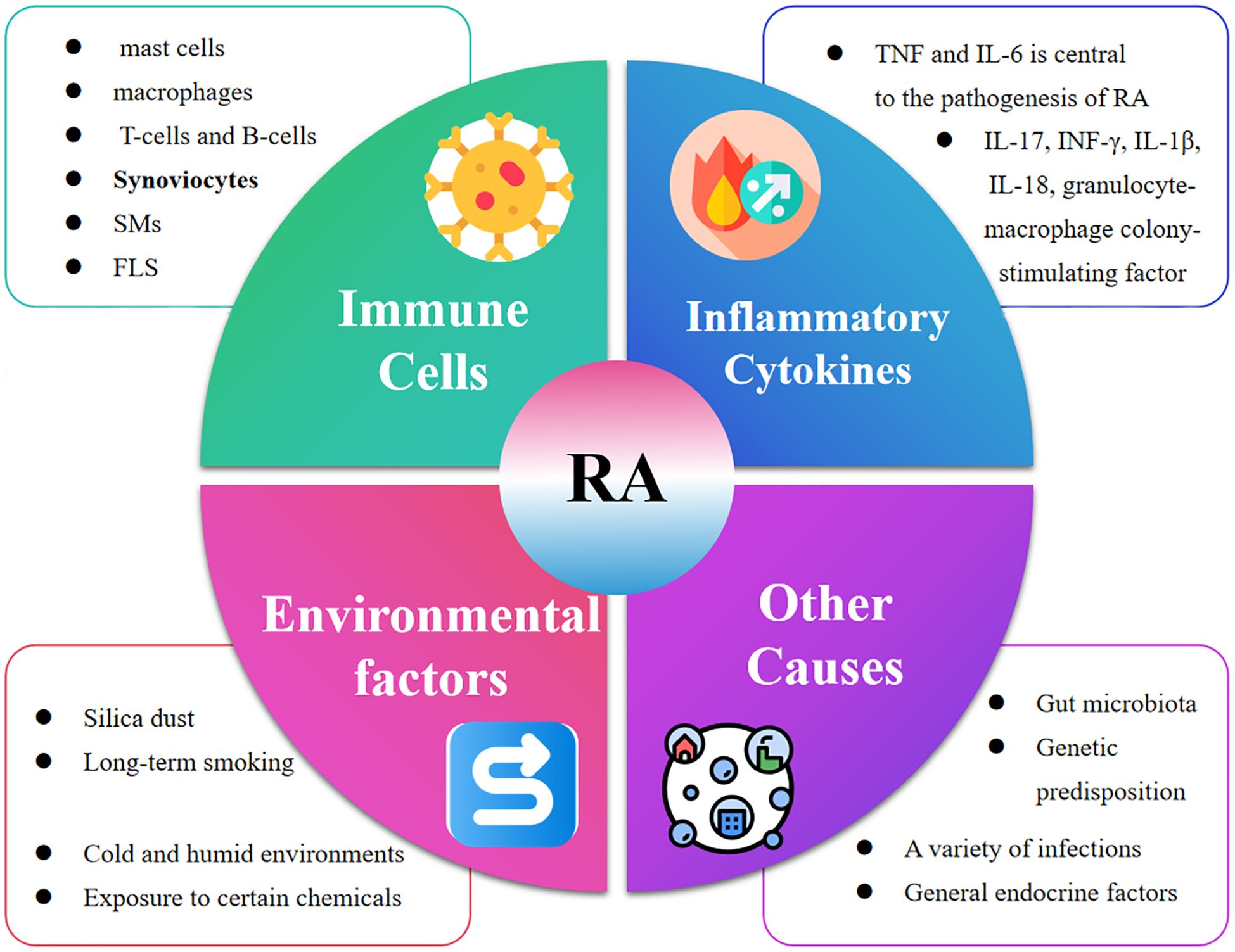 Diagram illustrating four factors contributing to rheumatoid arthritis (RA) in a circular chart: Immune Cells (mast cells, macrophages, T-cells, B-cells, synoviocytes, SMs, FLS), Inflammatory Cytokines (TNF, IL-6, IL-17, INF-γ, IL-1β, IL-18, granulocyte-macrophage colony-stimulating factor), Environmental Factors (silica dust, smoking, cold and humid environments, chemical exposure), and Other Causes (gut microbiota, genetic predisposition, infections, endocrine factors). Each section contains relevant icons.
