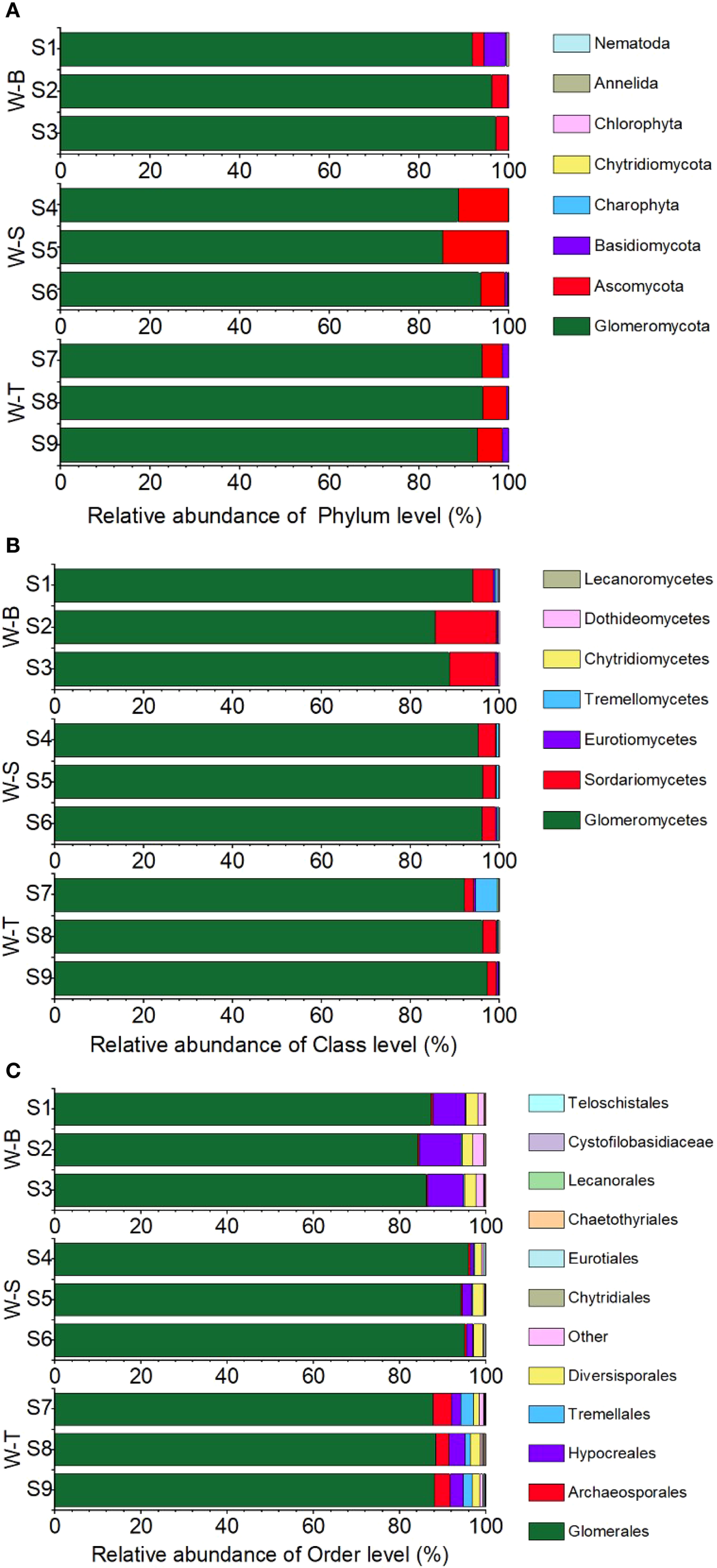 Bar charts display the relative abundance of taxa at three levels: phylum, class, and order, across different samples. Phylum level (A) shows dominant Glomeromycota. Class level (B) highlights Glomeromycetes, with variations in Sordariomycetes and Eurotiomycetes. Order level (C) features Glomerales, with minor representations of Archaeosporales and Hypocreales. Colors indicate different taxa. Samples are labeled S1 to S9 under categories W-B, W-S, and W-T. The x-axis represents relative abundance percentages.