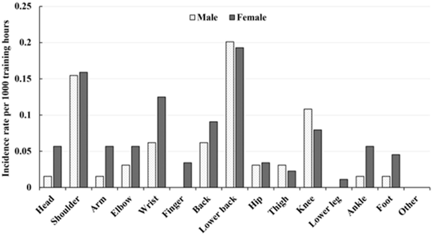 Bar chart showing incidence rates of injuries per thousand training hours for males and females across various body parts. The highest rates for both genders are in the shoulder and lower areas, with males also having significant rates in the knee, the back, and the wrist. Bars for each body part compare males and females with different colors.