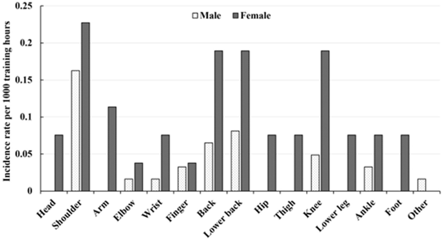 Bar chart showing incidence rates of injuries per 1,000 training hours for males and females across different body parts. Females have higher rates in most categories, especially the knee and shoulder, compared to males.