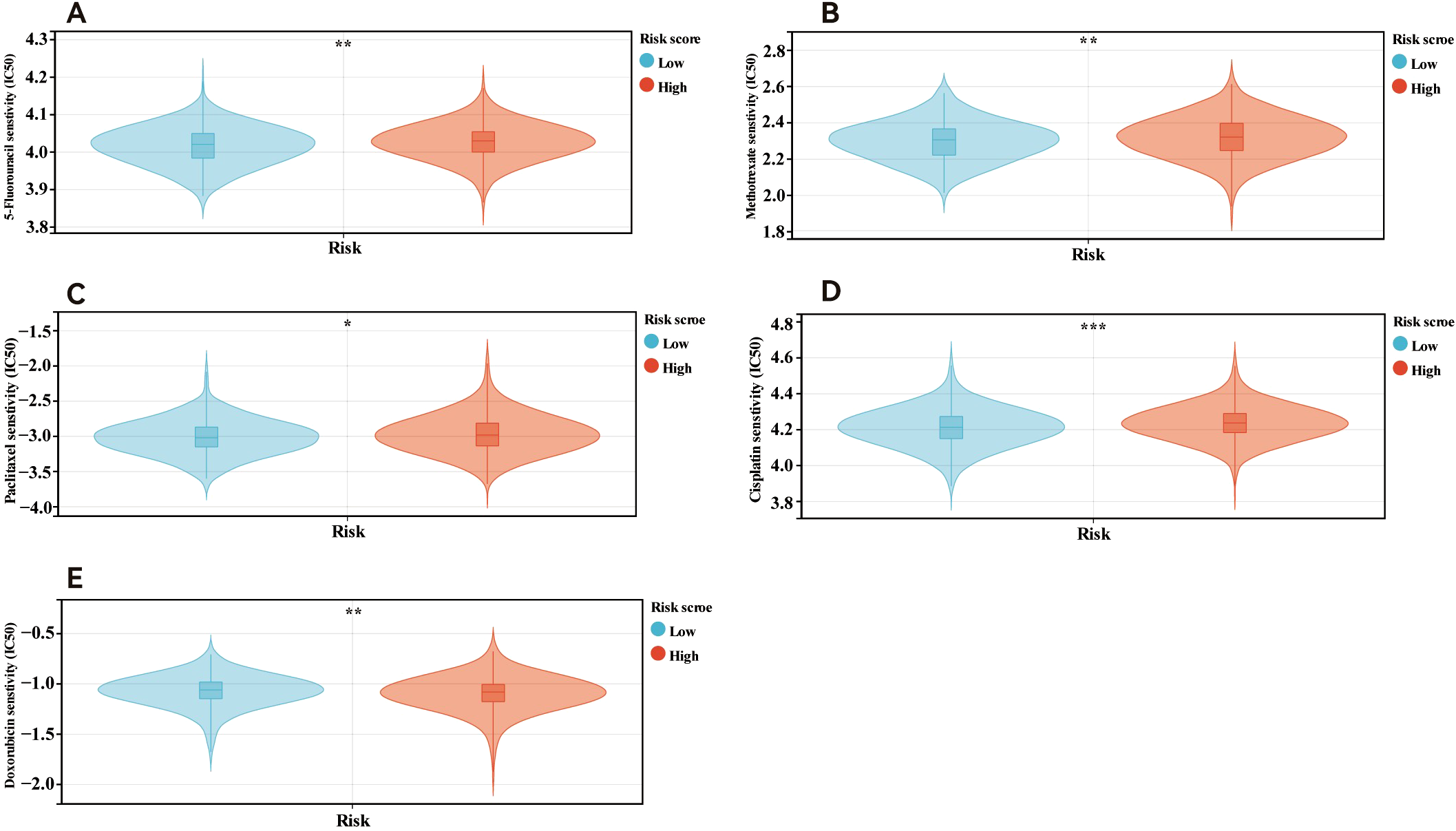 Violin plots illustrate drug sensitivity (IC50) for low and high-risk scores across five panels: A) 5-Fluorouracil, B) Methotrexate, C) Paclitaxel, D) Cisplatin, and E) Doxorubicin. Each plot shows data distributions and median values, with blue indicating low risk and red indicating high risk. Statistical significance is marked with asterisks.