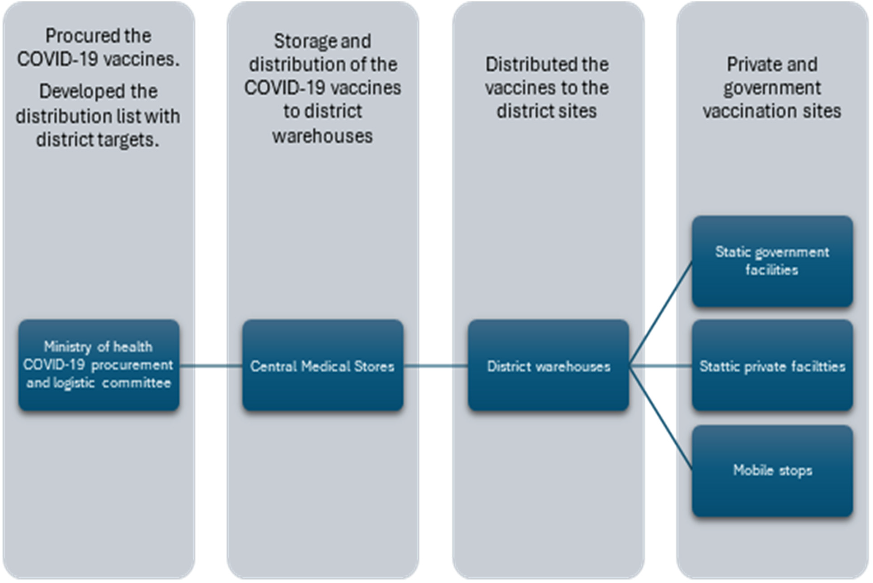 Flowchart depicting the COVID-19 vaccine distribution process. The Ministry of Health procures vaccines and develops distribution lists. Central Medical Stores handle storage and distribution to district warehouses, which then distribute vaccines to district sites. Vaccines reach private and government vaccination sites, including static government facilities, static private facilities, and mobile stops.
