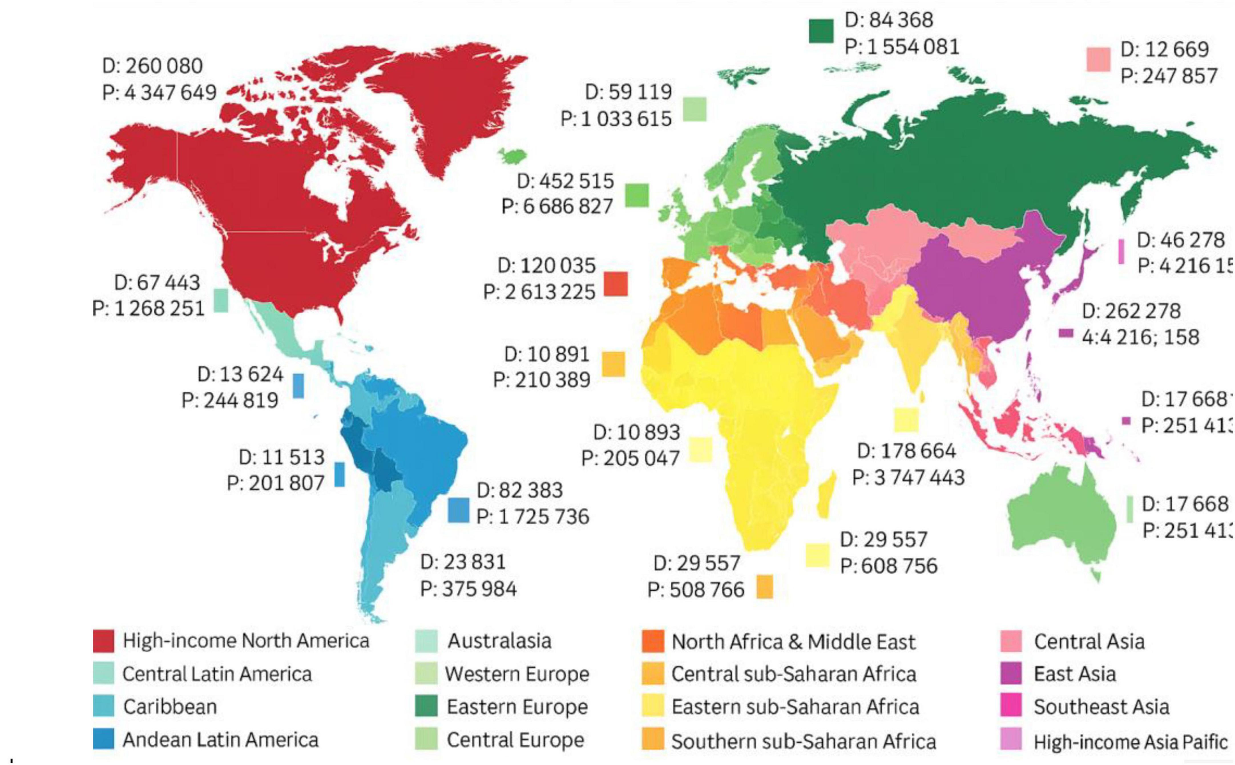 World map displaying different regions indicated by colors, with data labeled as “D” for deaths and “P” for persons. Regions include High-income North America, Central and Andean Latin America, Caribbean, Australasia, Western and Eastern Europe, Central and Eastern sub-Saharan Africa, North Africa and Middle East, Central and Southeast Asia, East Asia, Southern sub-Saharan Africa, and High-income Asia Pacific. Each region is marked with its respective numbers for deaths and population.