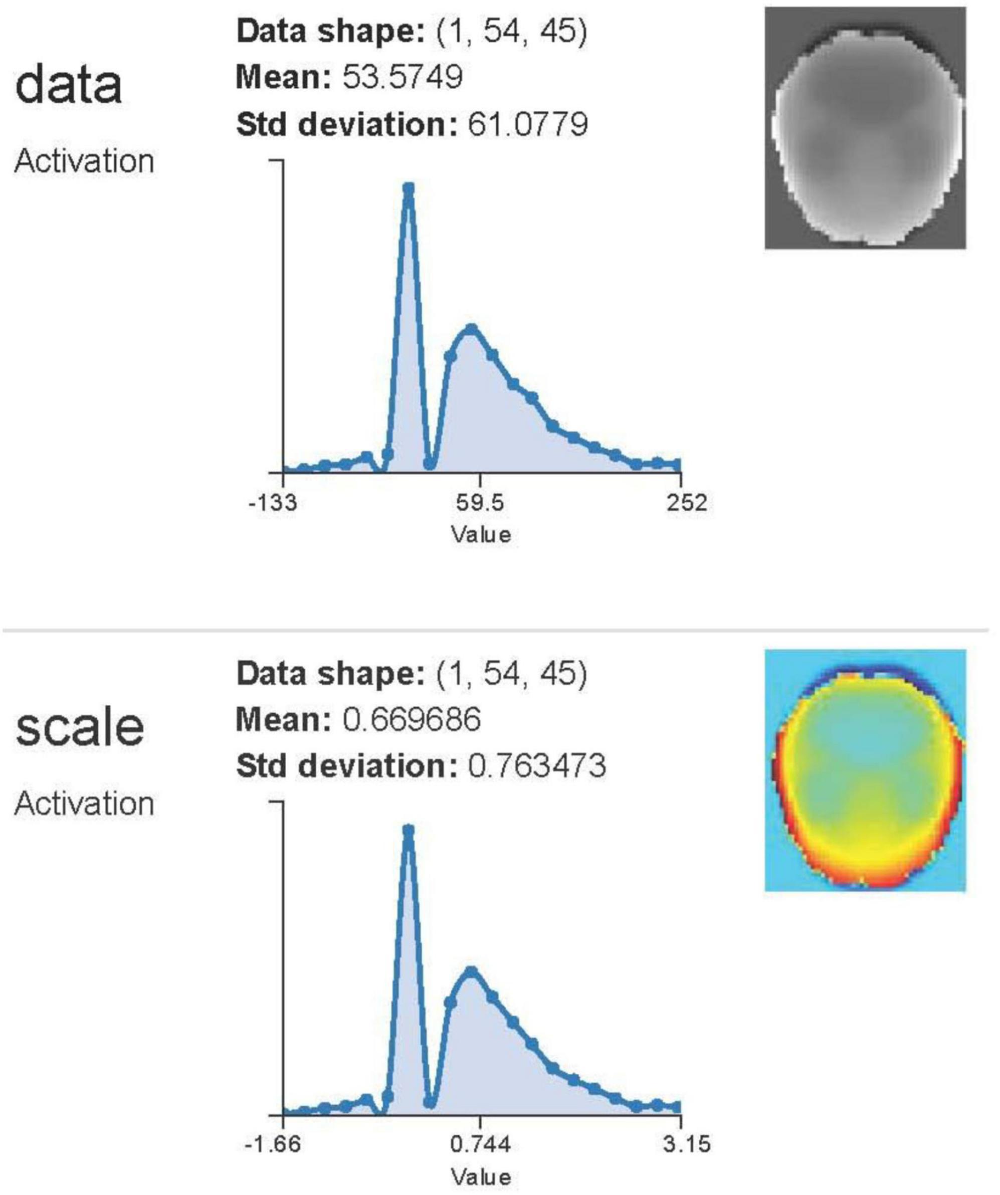 Histogram comparison of two datasets labeled “data” and “scale”. Both have a shape of (1, 54, 45). The first has a mean of 53.5749 and standard deviation of 61.0779, with a grayscale image. The second has a mean of 0.669686 and standard deviation of 0.763473 with a colorful, thermal-like image. Both histograms show a peak around their respective means with data distribution and standard deviation values.
