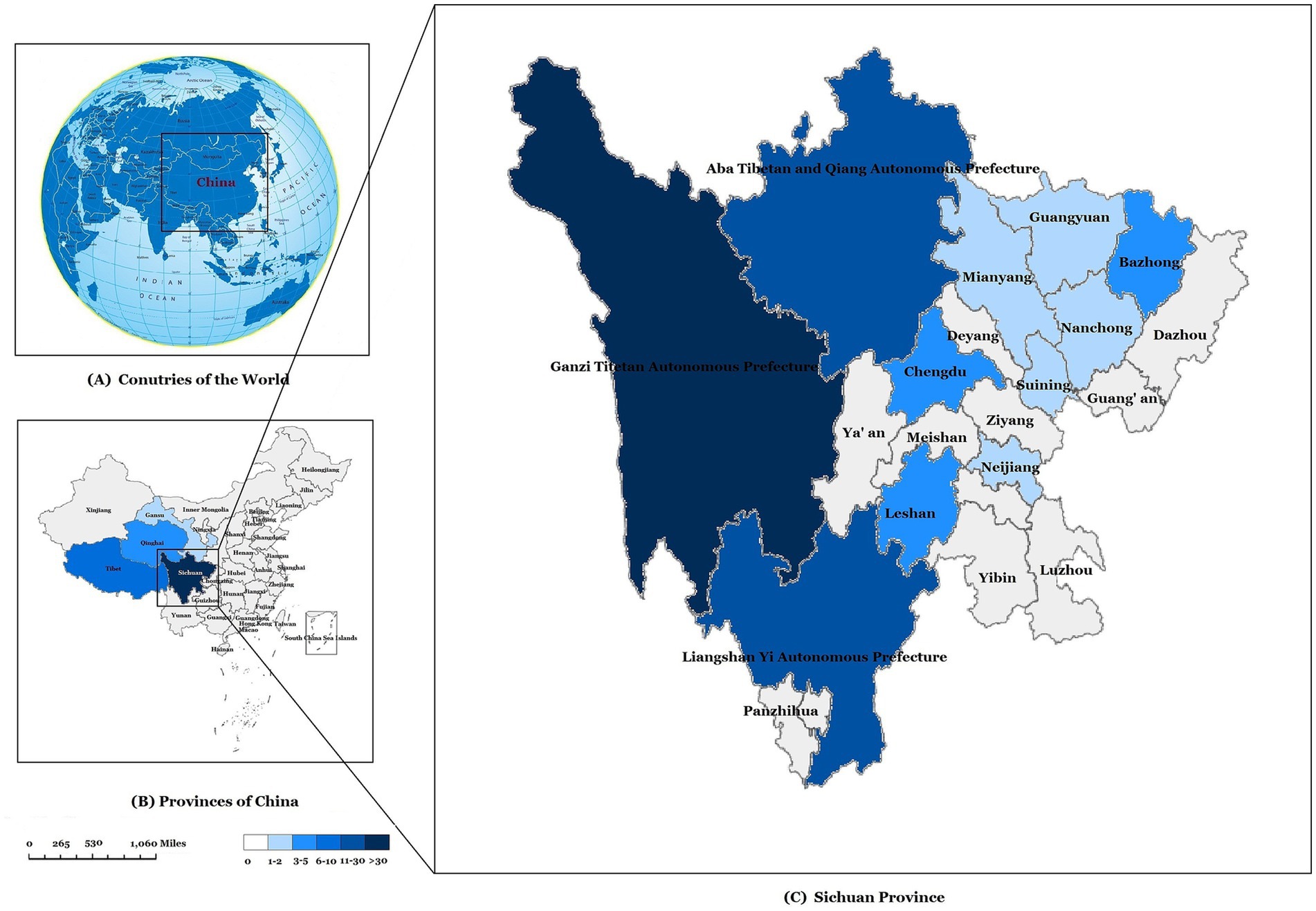 Map showing Sichuan Province in China with varying shades of blue indicating different regions, including Aba Tibetan and Qiang, Ganzi Tibetan, and Liangshan Yi Autonomous Prefectures. Insets highlight China's location globally and within its provinces.