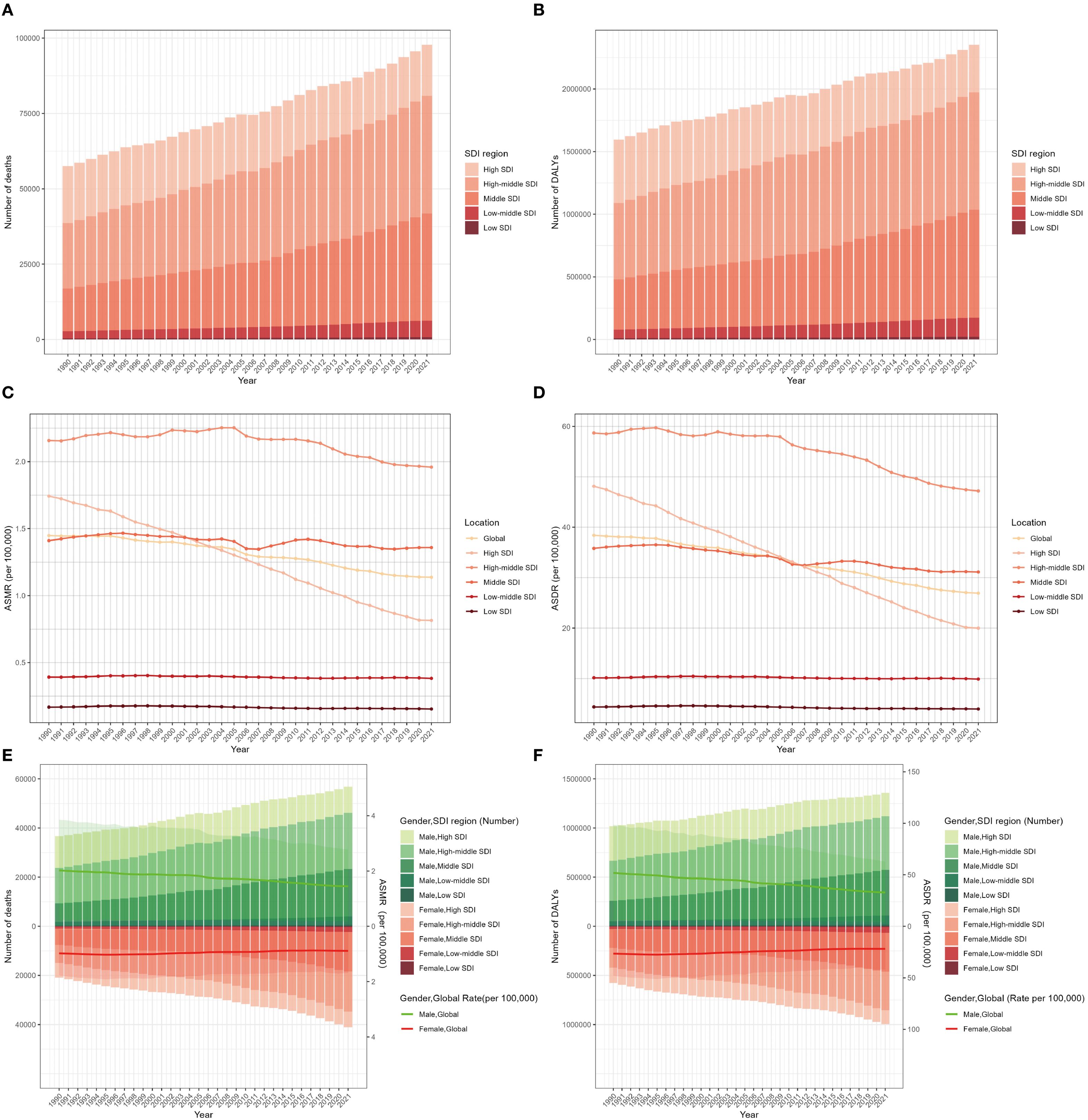 The global burden of lung cancer deaths(A), DALYs (B), ASMR (C), ASDR (D) attributable to second-hand smoke for both sexes from 1990 to 2021 by SDI region. Deaths and ASMR (E), and DALYs and ASDR (F) of lung cancer attributable to second-hand smoke from 1990 to 2021 by sex and SDI region. The bars represent the deaths and DALYs numbers of lung cancer attributable to second-hand smoke. The lines with 95% UI display ASMR and ASDR attributable to second-hand smoke. ASMR, age-standardized mortality rate; ASDR, age-standardized DALYs rate; DALYs, disability-adjusted life-year; UI, uncertainty interval; SDI, sociodemographic index.