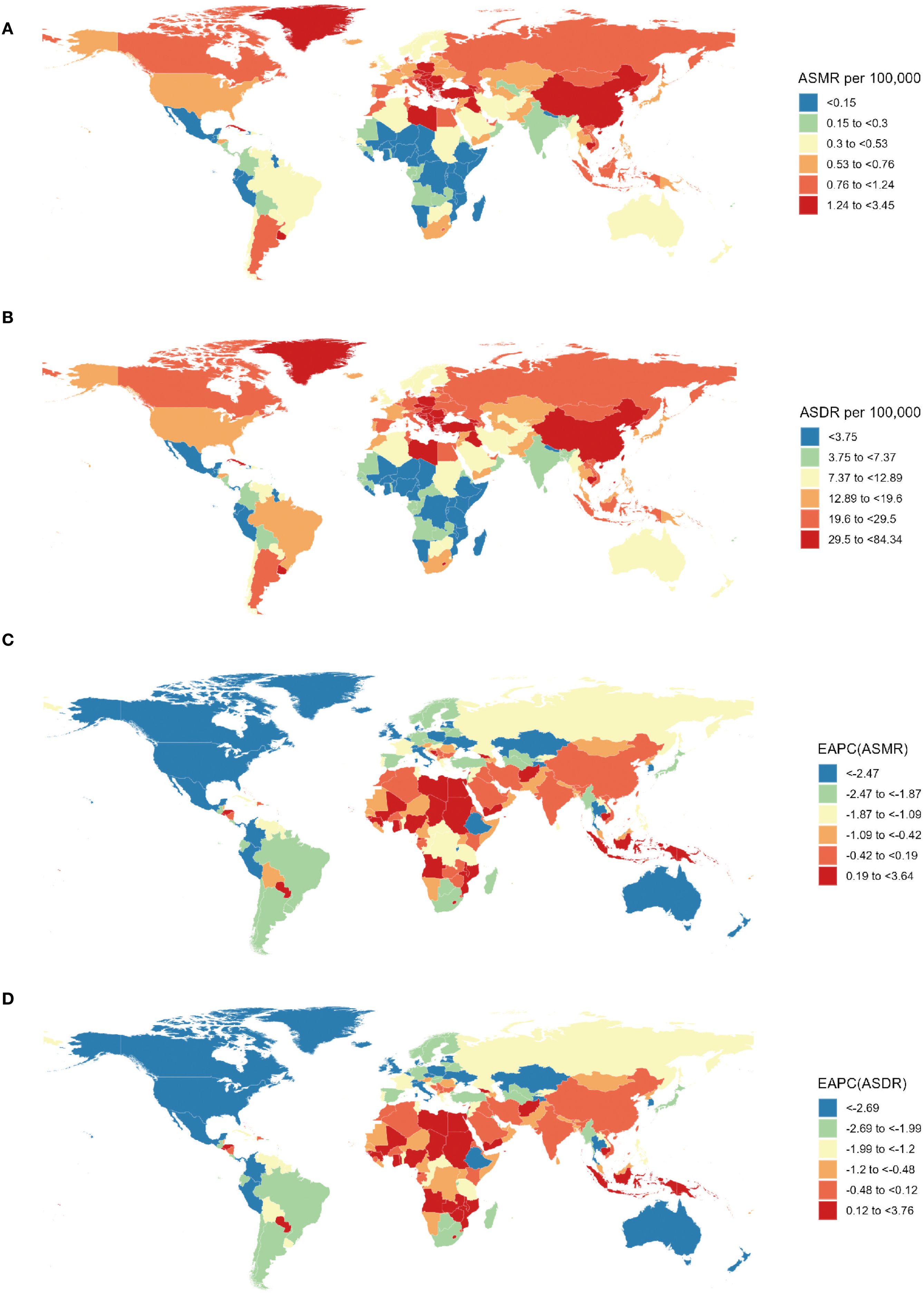 The spatial distribution of lung cancer ASMR (A) and ASDR (B), and EAPC of lung cancer ASMR (C) and ASDR (D) attributable to second-hand smoke from 1990 to 2021. ASMR, age-standardized mortality rate; ASDR, age-standardized DALYs rate; DALYs, disability-adjusted life-year; EAPC, estimated annual percentage change.