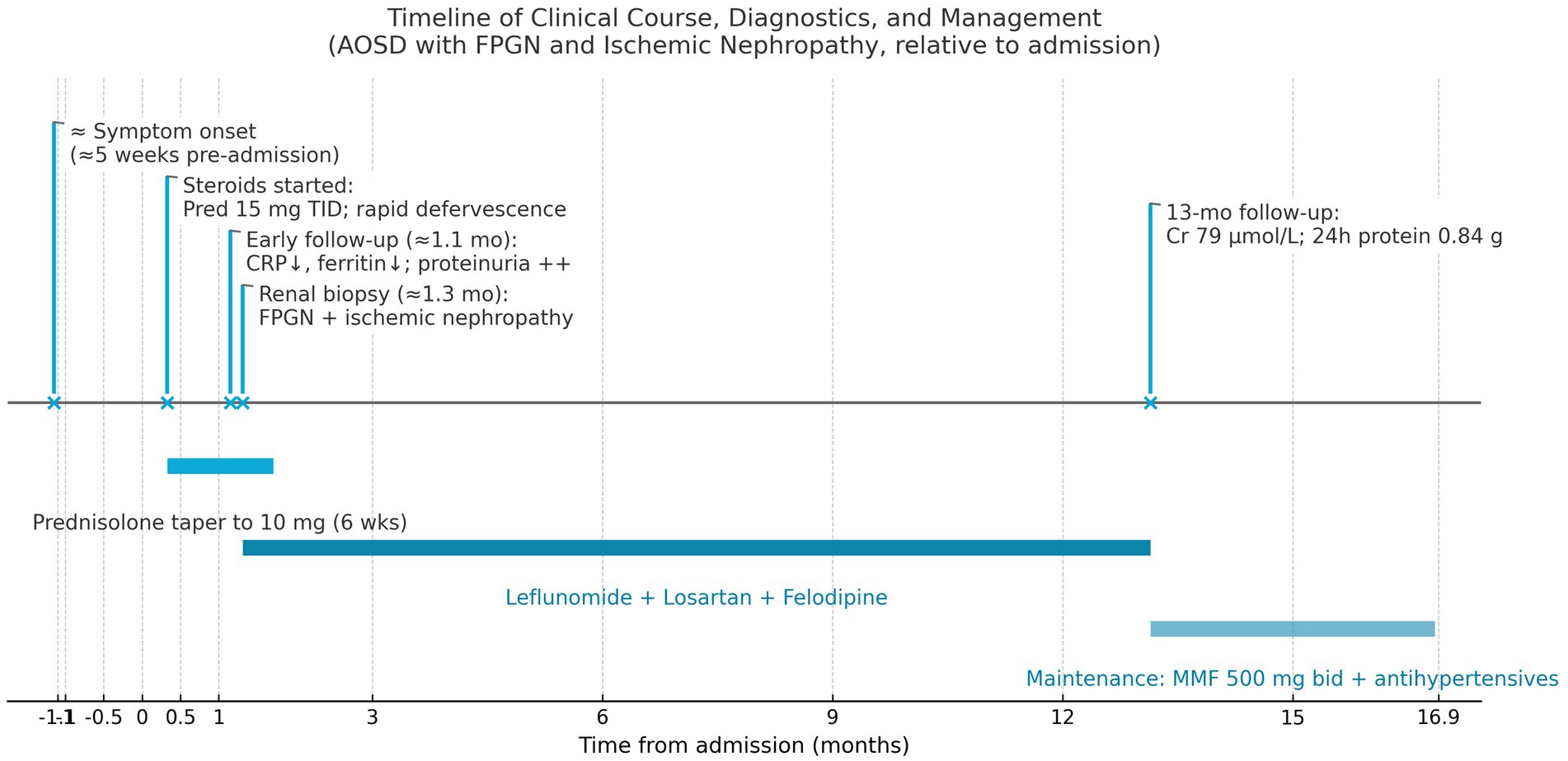 Timeline chart outlining the clinical course, diagnostics, and management of AOSD with FPGN and ischemic nephropathy. Key events include symptom onset five weeks pre-admission, initiation of steroids, early follow-up with reduced CRP and ferritin, renal biopsy at 1.3 months confirming FPGN and nephropathy, and a 13-month follow-up showing stabilized creatinine and protein levels. Medications include Prednisolone taper over six weeks and continued treatment with Leflunomide, Losartan, and Felodipine, with maintenance using MMF and antihypertensives. Time frame spans 0 to 16.9 months from admission.