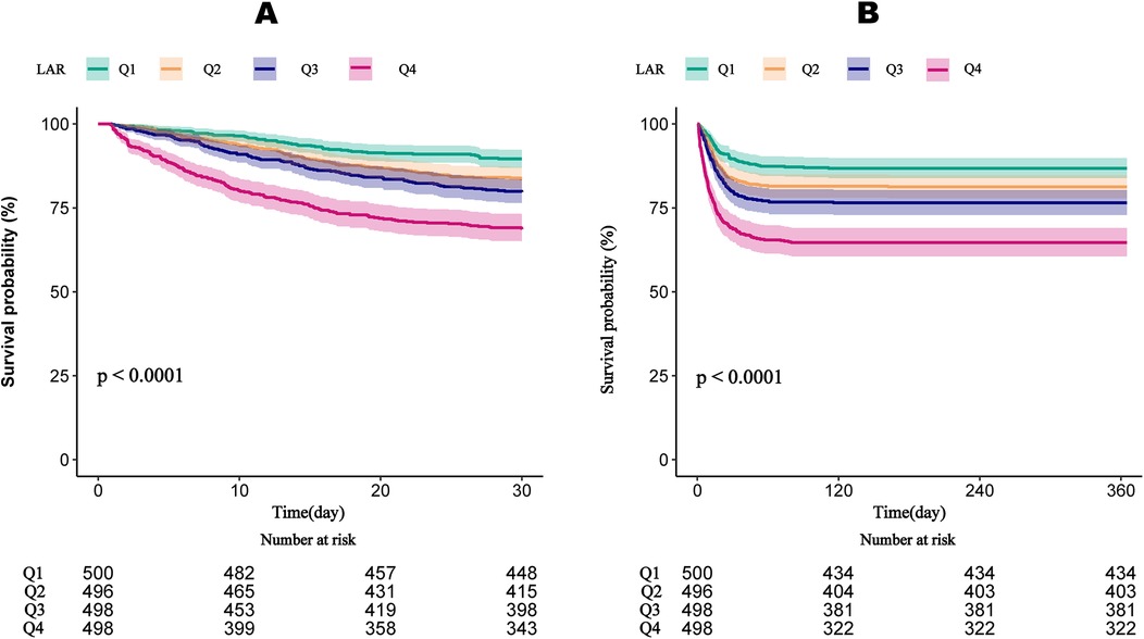 Two survival probability graphs over time, labeled A and B, compare survival rates among quartiles Q1 to Q4. The survival probability percentage decreases over time for all quartiles. Graph A spans approximately 30 days, while Graph B covers 360 days. Each graph indicates statistical significance with p-values less than 0.0001. A key identifies colors for each quartile. The number at risk is listed below each graph at specific time intervals.