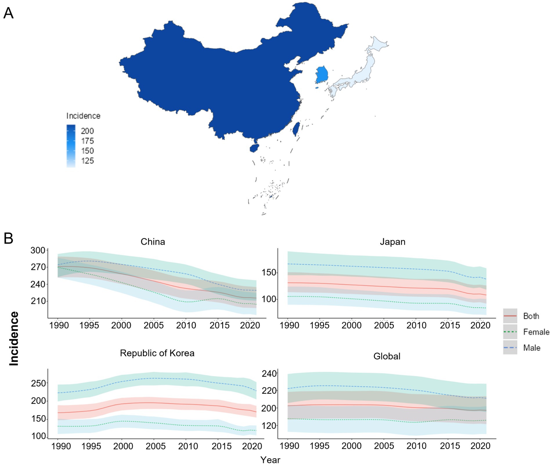 Map highlighting China in dark blue with a gradient indicating incidence rates from one hundred twenty-five to two hundred. Below are four line graphs showing incidence trends for China, Japan, Republic of Korea, and globally from 1990 to 2020. Each graph displays data for both sexes, males, and females, with a color-coded key: red for both, dashed green for females, and dashed blue for males.