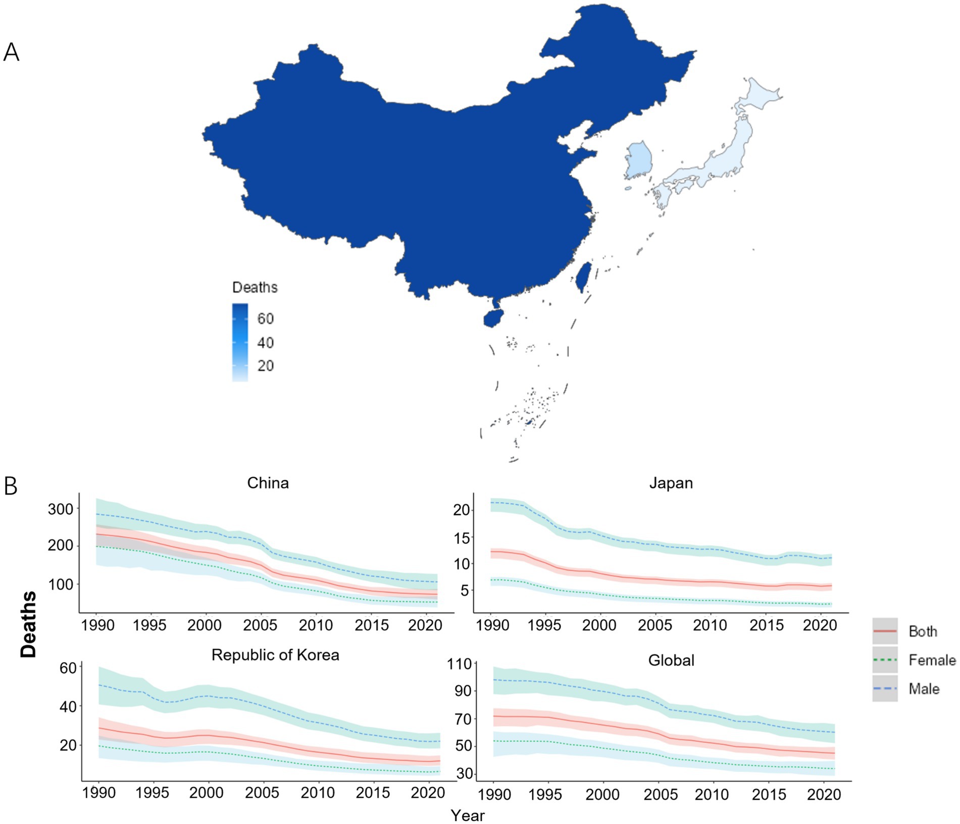 Map highlighting death rates in China with a color gradient from light to dark blue, indicating lower to higher rates. Four line graphs below show death trends from 1990 to 2020 for China, Japan, Republic of Korea, and globally. The graphs depict data for both genders, males, and females with different colored lines.