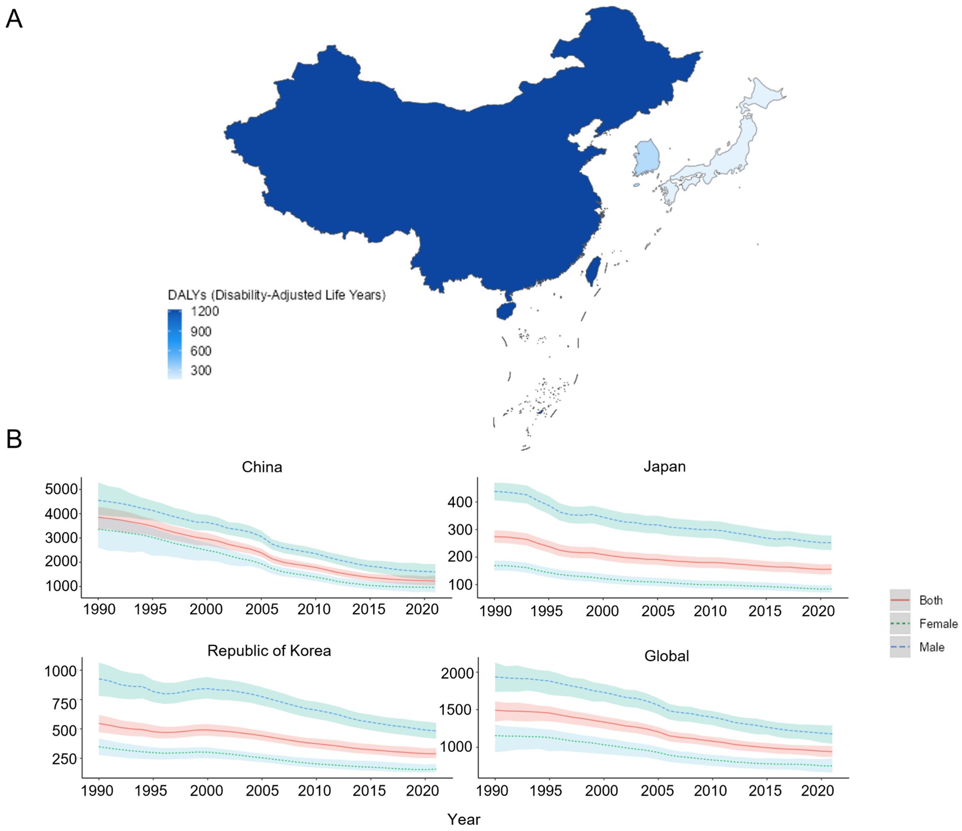 Map of East Asia showing DALYs (Disability-Adjusted Life Years) with China having the highest rates. Four line graphs depict DALY trends from 1990 to 2020 in China, Japan, Republic of Korea, and globally. Each graph differentiates between both genders, females, and males, showing a general decline over time.
