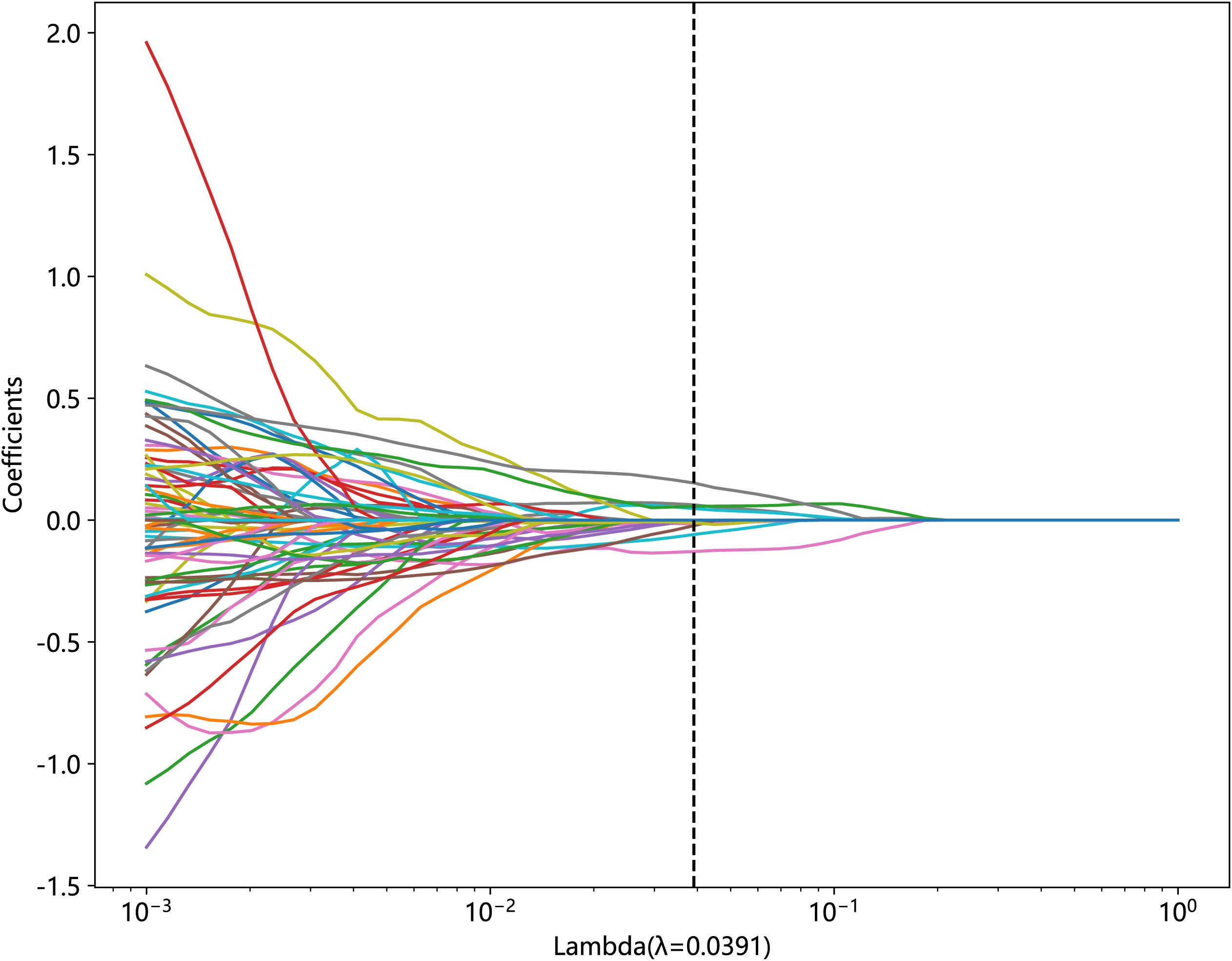 Line graph displaying multiple coefficient paths against lambda values on a logarithmic scale. Coefficients are on the y-axis ranging from negative one point five to two, and lambda on the x-axis from ten to the power of negative three to ten. Lines converge towards zero as lambda increases, with a vertical dashed line indicating lambda equals zero point zero three nine one.
