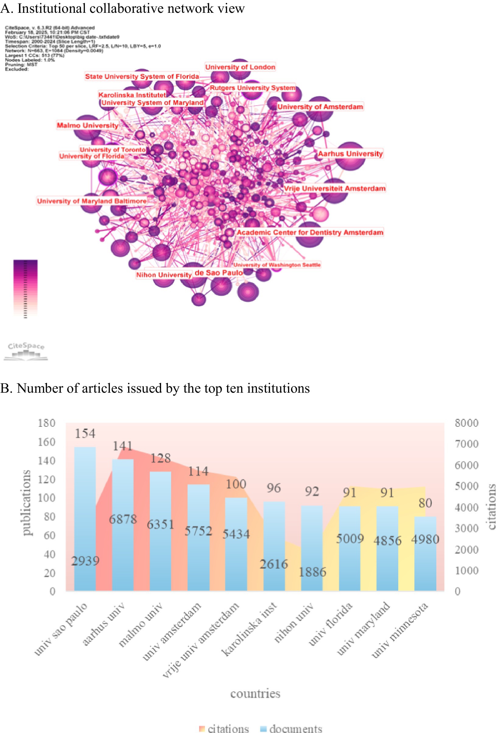 A network visualization displays collaborative relationships among various institutions, with nodes representing institutions and lines indicating collaborations. Prominent nodes include the University of London and the University of Amsterdam. A bar chart shows the number of articles issued by the top ten institutions, with bars representing publications and citations. The University of Sao Paulo leads with 154 publications and 6,878 citations, followed by Aarhus University and Malmo University. Colors differentiate between publications and citations.
