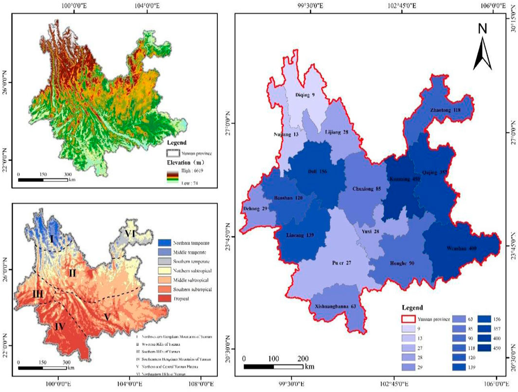 Three-panel map of Yunnan Province. The top left map shows elevation with colors ranging from green (low) to red (high). The bottom left map displays climatic regions using shades of blue, yellow, and red to indicate temperate to tropical zones. The right map highlights population density with varying shades of blue, labeled with specific region names and numbers, and delineated in red. Each map includes a scale and legend.