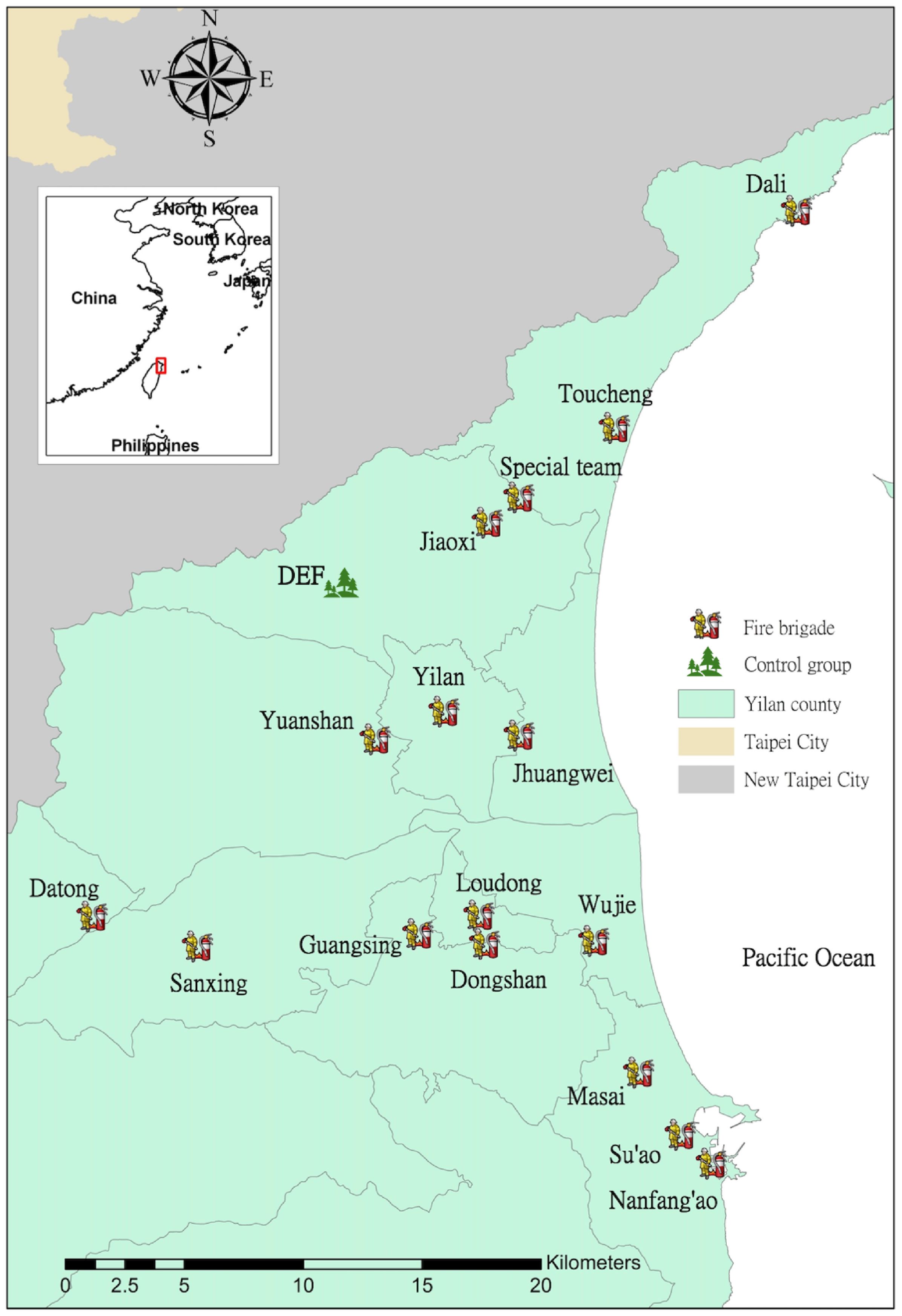 Map of Lanyang Plain, Northeast Taiwan showing locations of fire brigades and control groups. Key areas include Yilan and Loudong, with symbols indicating group types. An inset map shows the location of Taiwan relative to China, Japan, and the Philippines.