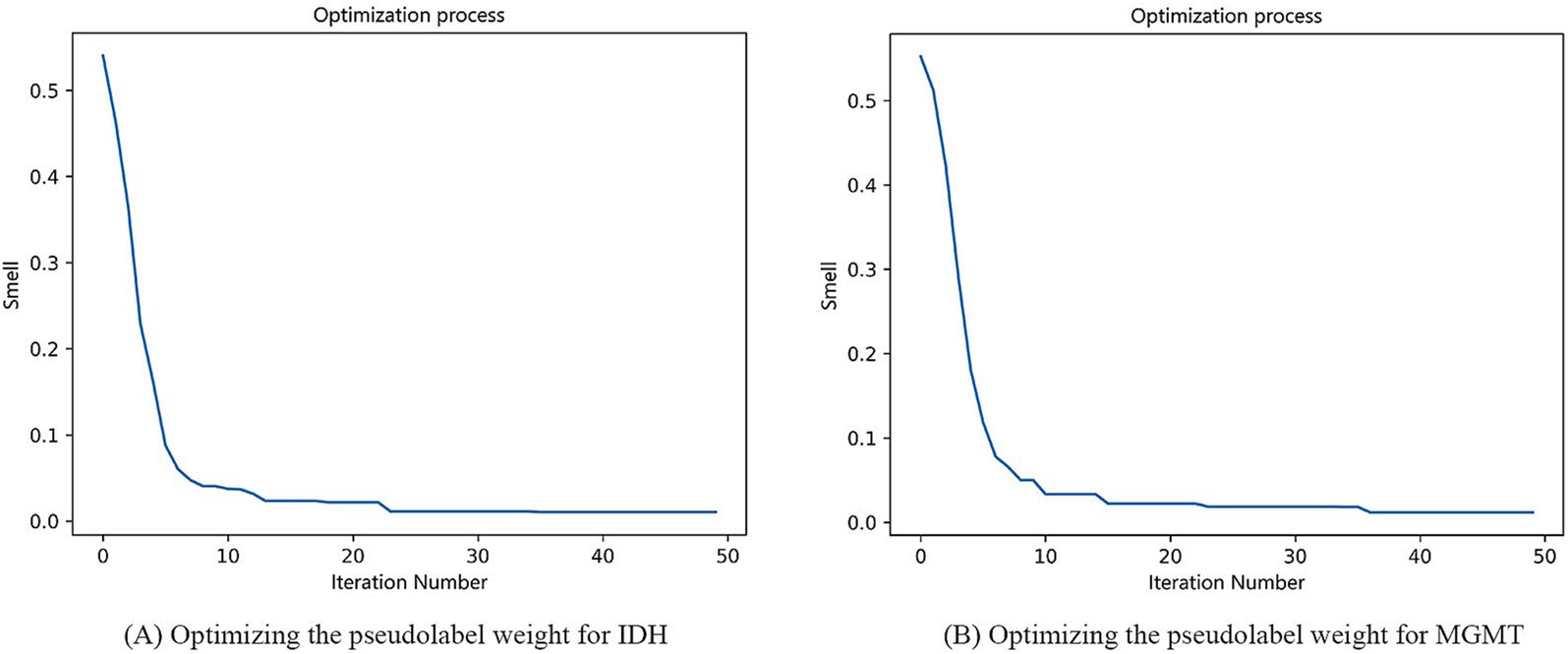 Two line graphs show the optimization process. The left graph plots