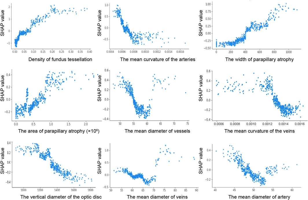 Nine scatter plots show SHAP values against various eye-related metrics. Top row: density of fundus tessellation, curvature of arteries, and width of parapapillary atrophy. Middle row: area of parapapillary atrophy, diameter of vessels, and curvature of veins. Bottom row: diameter of optic disc, diameter of veins, and diameter of artery. Each plot depicts the relationship between the SHAP values and the respective metric, illustrating patterns and trends.