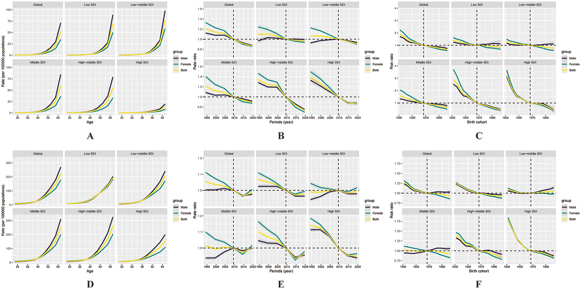 Six panels of graphs (A to F) display data trends by age, period, and birth cohort across different Socio-Demographic Index (SDI) levels. Each graph is divided into categories for males, females, and both, using color-coded lines. Panels A and D show rates by age; B and E illustrate rate ratios by period; C and F depict risk ratios by birth cohort. The data is globally inclusive, with panels for low, low-middle, middle, high-middle, and high SDI. Vertical and horizontal dashed lines indicate key reference points in the graphs.