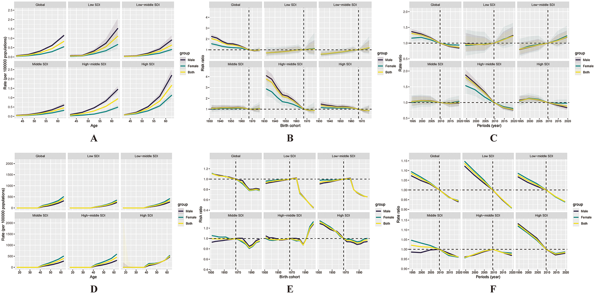 Six panels labeled A to F, showing line graphs comparing different socioeconomic development indices (SDI) across age, birth cohort, and periods. Each panel has sub-panels for global, low, low-middle, middle, high-middle, and high SDI. Lines represent groups: males, females, and both, using different colors. Panel A and D display rates per 100,000 population by age. Panel B and E show risk ratios by birth cohort. Panel C and F illustrate rate ratios by periods. The graphs highlight changes and differences in each category over time, with vertical and horizontal dashed lines indicating significant points.