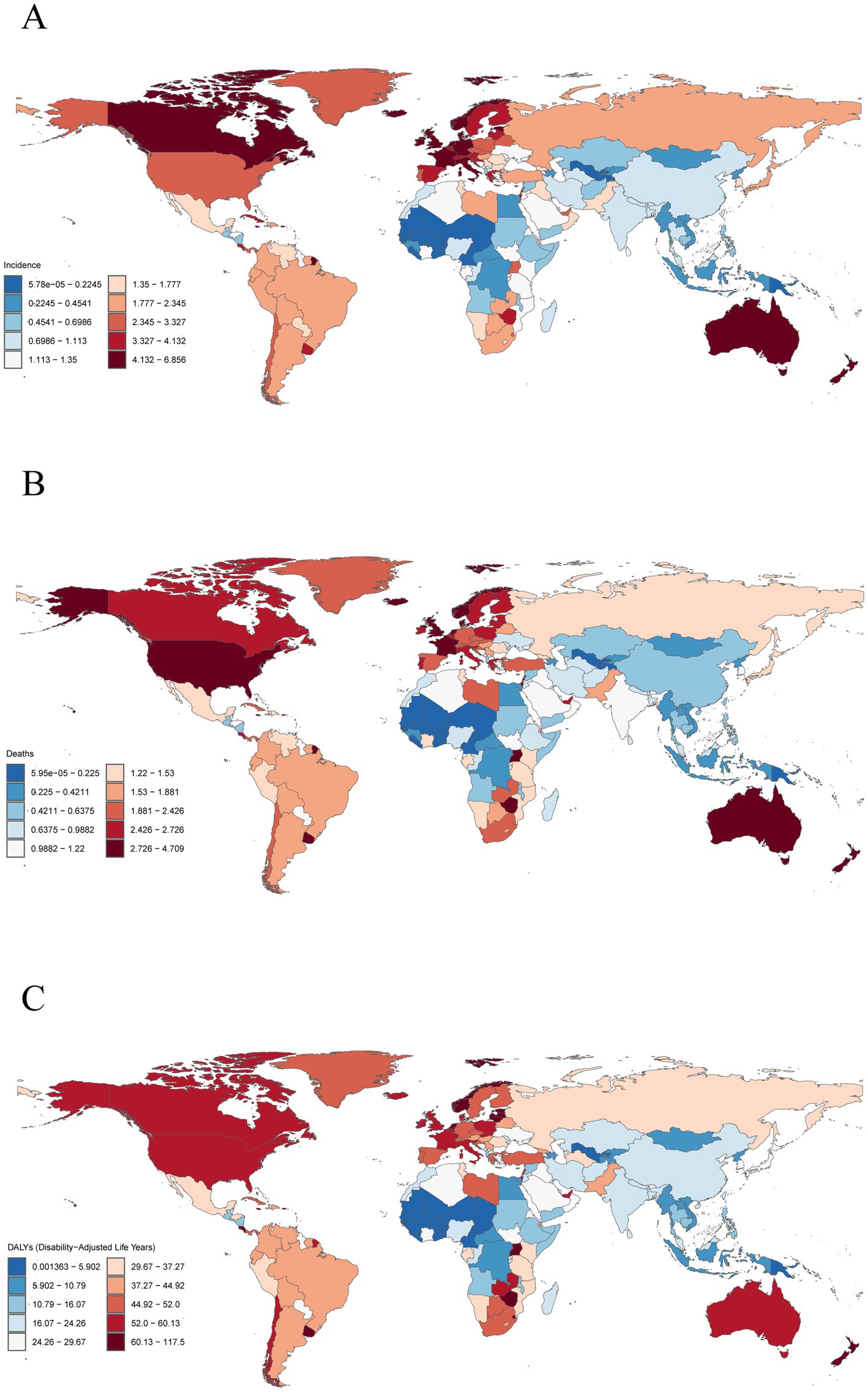 Three world maps illustrate data on disease impact, using varying color gradients. Map A shows incidence rates, map B depicts death rates, and map C reflects Disability-Adjusted Life Years (DALYs). Darker shades indicate higher values, while lighter shades indicate lower values, revealing differing regional impacts across the globe.