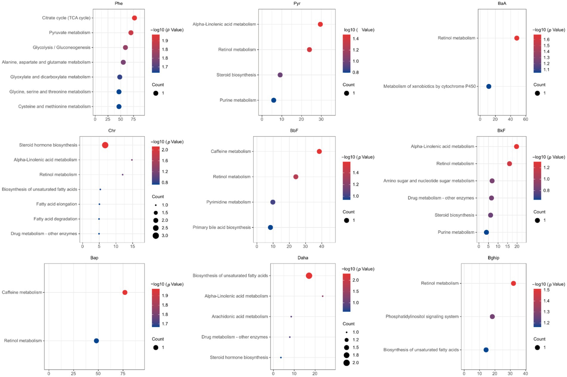Nine dot plot charts compare metabolic pathways across different conditions labeled Phe, Pyr, BaA, Chr, BbF, BkF, Bap, Daha, and Bghip. Each plot displays pathways against a logarithmic p-value scale, with dot size indicating count and color representing significance level. Pathways such as retinol metabolism, steroid biosynthesis, and caffeine metabolism appear with varying prominence across the charts.