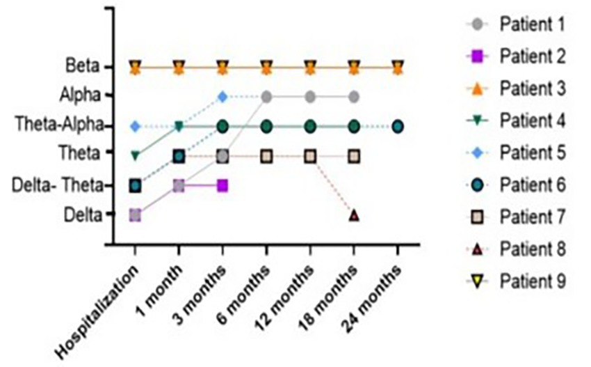 Line graph showing brain wave pattern changes over time for nine patients, labeled Patient One to Patient Nine. Time intervals range from hospitalization to twenty-four months. Patterns include Beta, Alpha, Theta-Alpha, Theta, Delta-Theta, and Delta. Each patient is represented by a different symbol and color on the graph.