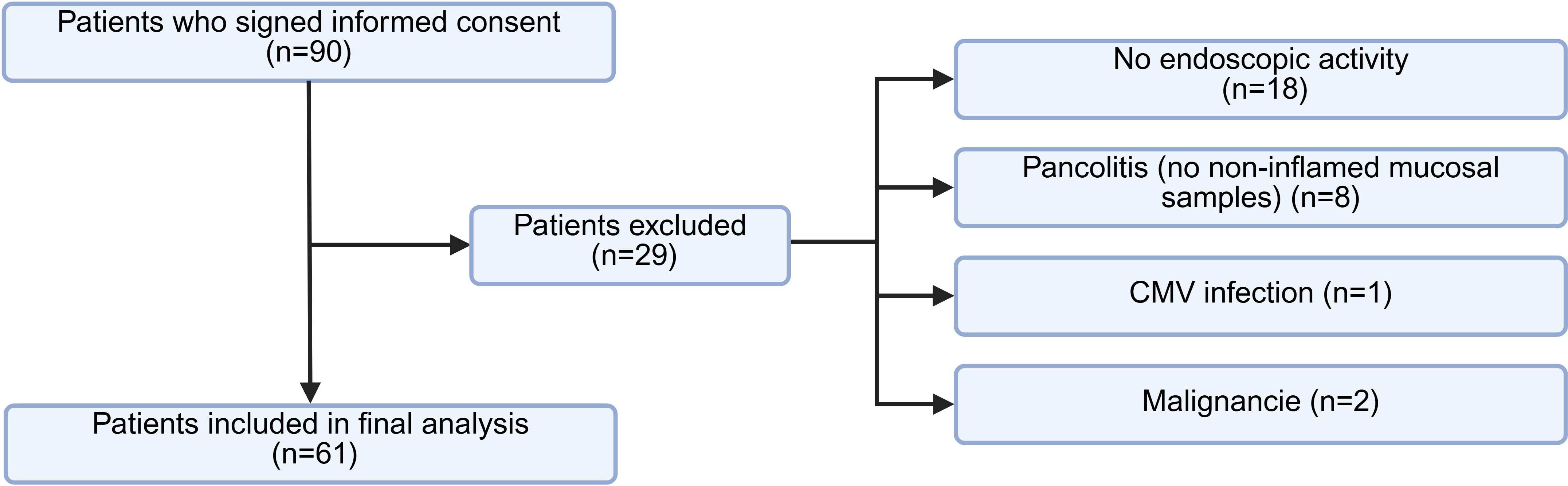 Flowchart showing the selection process for the study. Ninety patients signed informed consent. Twenty-nine were excluded: eighteen due to no endoscopic activity, eight with pancolectomy, one with CMV infection, and two with malignancy. Sixty-one patients were included in the final analysis.