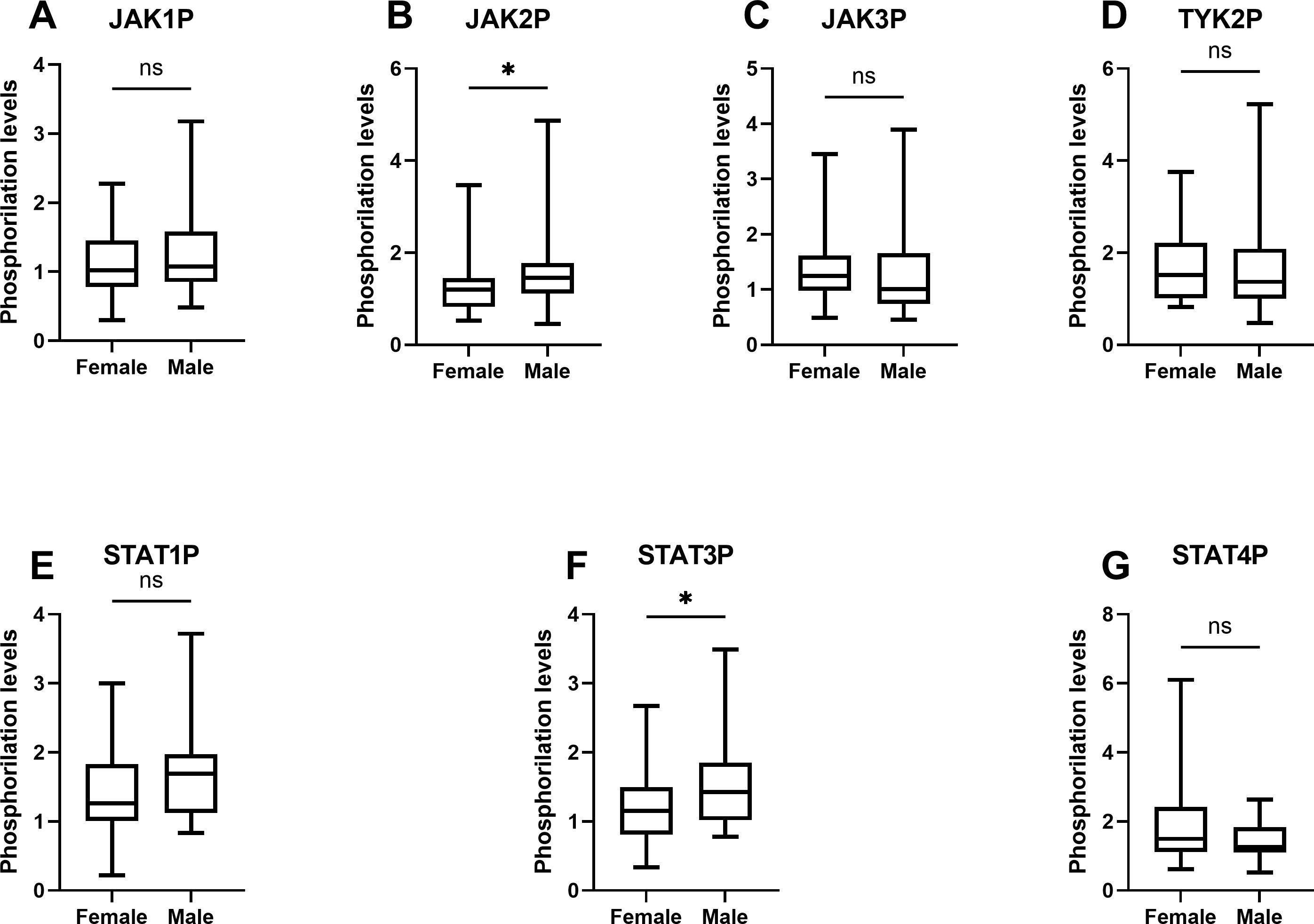 Box plots illustrate phosphorylation levels of proteins JAK1P, JAK2P, JAK3P, TYK2P, STAT1P, STAT3P, and STAT4P in females and males. Significant differences are indicated for JAK2P and STAT3P with an asterisk, while others are marked as not significant.