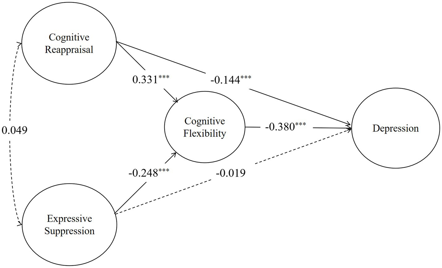 Diagram showing the relationships between cognitive reappraisal, expressive suppression, cognitive flexibility, and depression. Cognitive reappraisal positively influences cognitive flexibility (0.331) and negatively impacts depression (-0.144). Expressive suppression negatively impacts both cognitive flexibility (-0.248) and depression (-0.019). Cognitive flexibility negatively impacts depression (-0.380). A weak positive effect exists between cognitive reappraisal and expressive suppression (0.049). Solid lines indicate statistically significant paths.