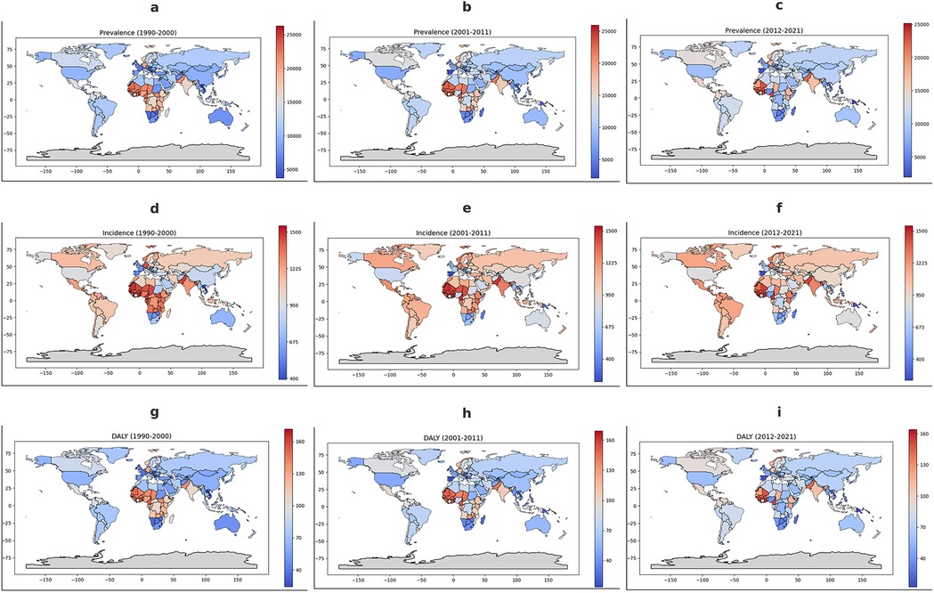 Nine world maps display changes in prevalence, incidence, and disability-adjusted life years (DALY) for three periods: 1990-2000, 2001-2011, and 2012-2021. Maps (a), (b), and (c) show prevalence with red indicating high prevalence and blue indicating low. Maps (d), (e), and (f) depict incidence with similar color coding. Maps (g), (h), and (i) illustrate DALY, again using red for high values and blue for low. The data highlight regional differences, with noticeable concentrations in Africa and variations across the years.