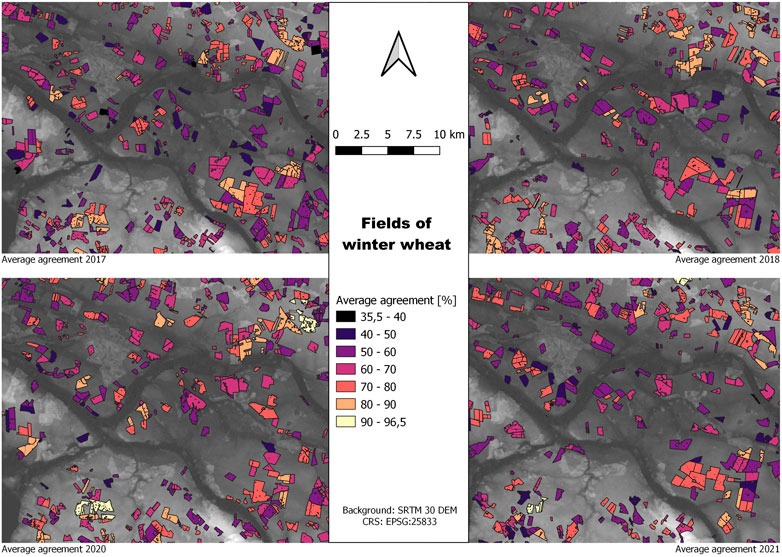 Maps showing average agreement on winter wheat fields from 2017 to 2021. Each map has colored blocks representing agreement percentages from 35.5% to 96.5%, with a color key on the right. Each map section is labeled with the respective year: 2017, 2018, 2020, and 2021. Background data is from SRTM 30 DEM.