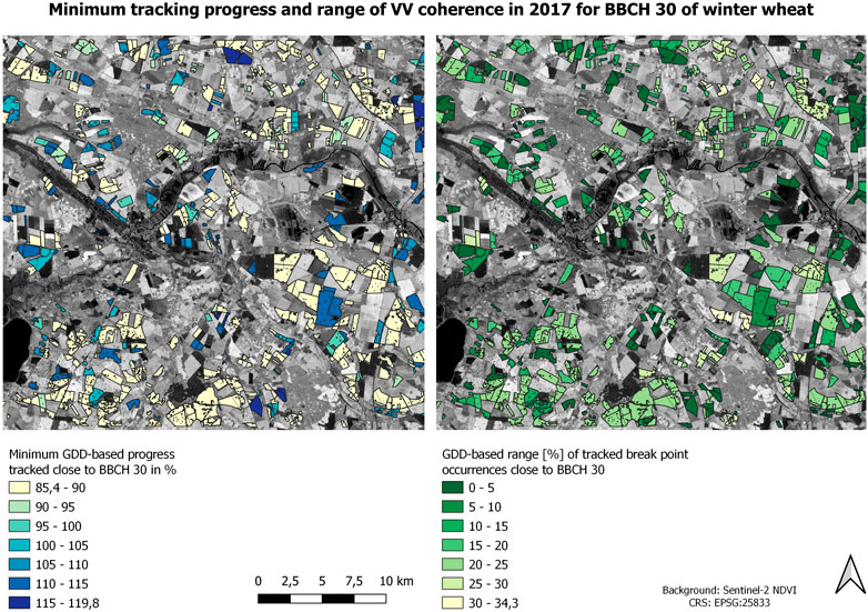 Map showing minimum tracking progress and coherence range for winter wheat BBCH 30 in 2017. Left map in shades of blue and yellow indicates GDD-based progress, with a scale ranging from 85.4% to 119.8%. Right map in shades of green illustrates the GDD-based range of tracked breakpoints, ranging from 0% to 34.3%. Uses Sentinel-2 NDVI imagery, CRS: EPSG:25833.