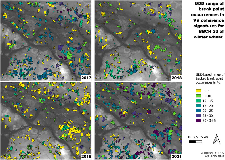 Map panels showing GDD range of break point occurrences in VV coherence signatures for BBCH 30 of winter wheat from 2017 to 2021. Color-coded regions represent different percentage ranges of occurrences. A legend indicates percentages: yellow (0-5%), light green (5-10%), teal (10-15%), light blue (15-20%), cyan (20-25%), green (25-30%), and purple (30-34.6%). A scale bar indicates distance. Maps are overlaid on a grayscale background.