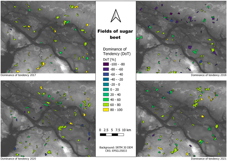 Maps showing the dominance of sugar beet fields from 2017 to 2021. Colored areas represent percentage changes according to the Dominance of Tendency (DoT) scale, ranging from dark purple (-100% to -80%) to yellow (80% to 100%). Maps are arranged with 2017 and 2018 at the top and 2020 and 2021 at the bottom; all are overlaid on a grayscale terrain background. A scale bar and compass rose are included.