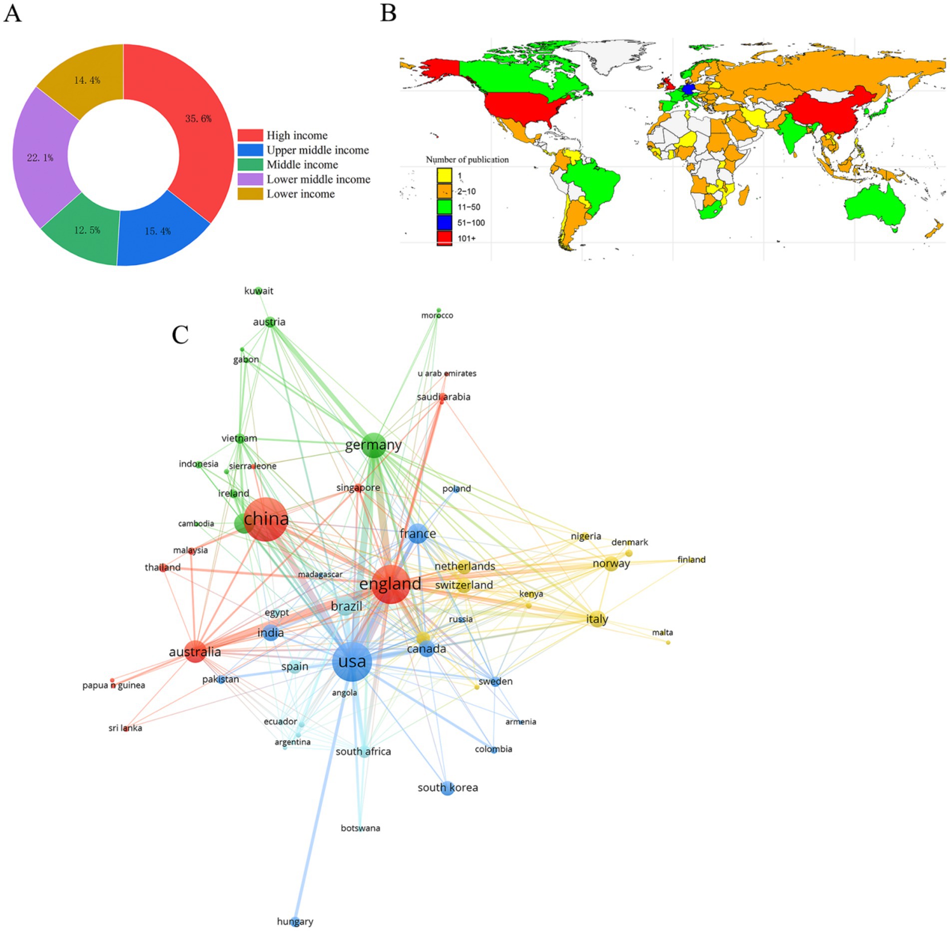 Panel A shows a donut chart of income distribution categories: high income (35.6%), upper middle (15.4%), middle (12.5%), lower middle (22.1%), and lower income (14.4%). Panel B displays a world map highlighting publication numbers by country, ranging from 1 to over 101, using colors from light yellow to red. Panel C features a network graph illustrating country connections, with notable clusters around China, Germany, England, the USA, and Brazil, depicted in different colors.