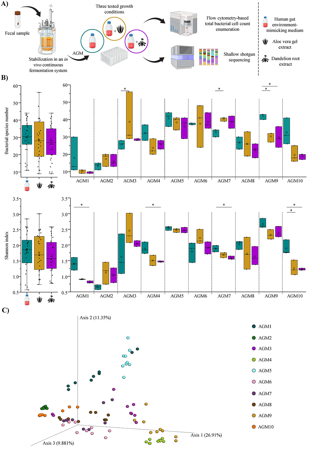 Diagram comparing the effects of different growth conditions on bacterial diversity in a continuous fermentation system. Panel A illustrates the process, starting with a fecal sample and stabilization in the system, using three growth conditions: human gut environment-mimicking medium, aloe vera gel extract, and dandelion root extract. Panel B shows box plots of bacterial species numbers and Shannon index across various conditions (AGM1 to AGM10), with significant differences marked by asterisks. Panel C presents a scatter plot of samples visualized on axes representing variability percentages, with different colors indicating specific growth conditions.