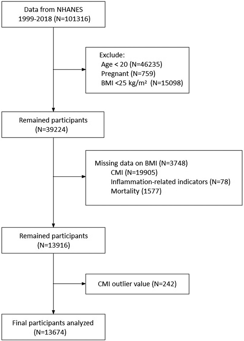 Flowchart depicting participant selection from NHANES data (1999-2018, N=101,316). Exclusions: age under 20 (N=46,235), pregnant (N=759), BMI under 25 kg/m² (N=15,098), leaving 39,224 participants. Further exclusions for missing BMI data (N=3,748), CMI (N=19,905), inflammation indicators (N=78), and mortality (N=1,577), resulting in 13,916 participants. Finally, 242 CMI outliers removed, resulting in 13,674 participants analyzed.
