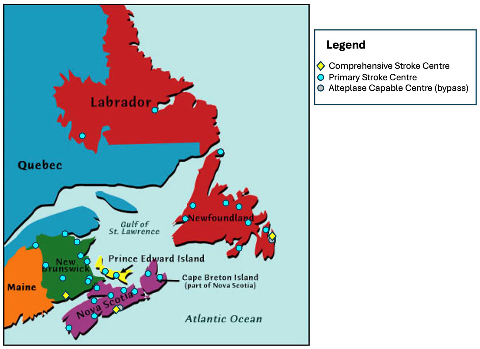 Map of Atlantic Canada displaying locations of stroke centers in Nova Scotia, New Brunswick, Prince Edward Island, and Newfoundland & Labrador.