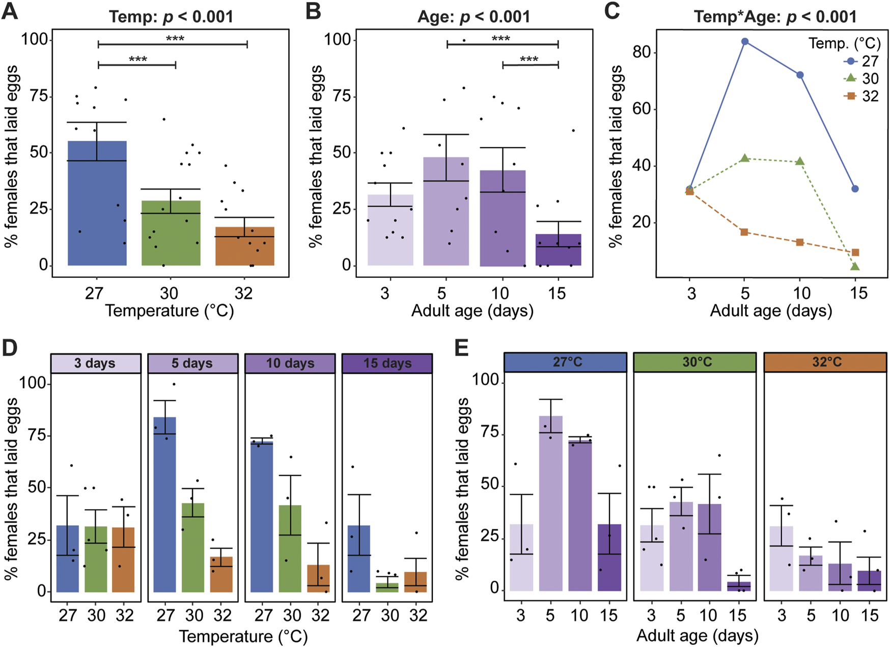 Graphs A to E analyze the influence of temperature and adult age on egg-laying in females. A: Bar chart shows egg-laying percentages at 27°C, 30°C, and 32°C, with 27°C being most favorable. B: Bar chart shows egg-laying over ages 3, 5, 10, and 15 days, with age 5 showing highest laying.C: Line graph indicates egg-laying trends at varying temperatures across ages.D: Bar charts depict egg-laying at each age (3, 5, 10, 15 days) across temperatures.E: Bar charts display egg-laying at specific temperatures across different ages. Each graph includes standard error bars and significance markers.