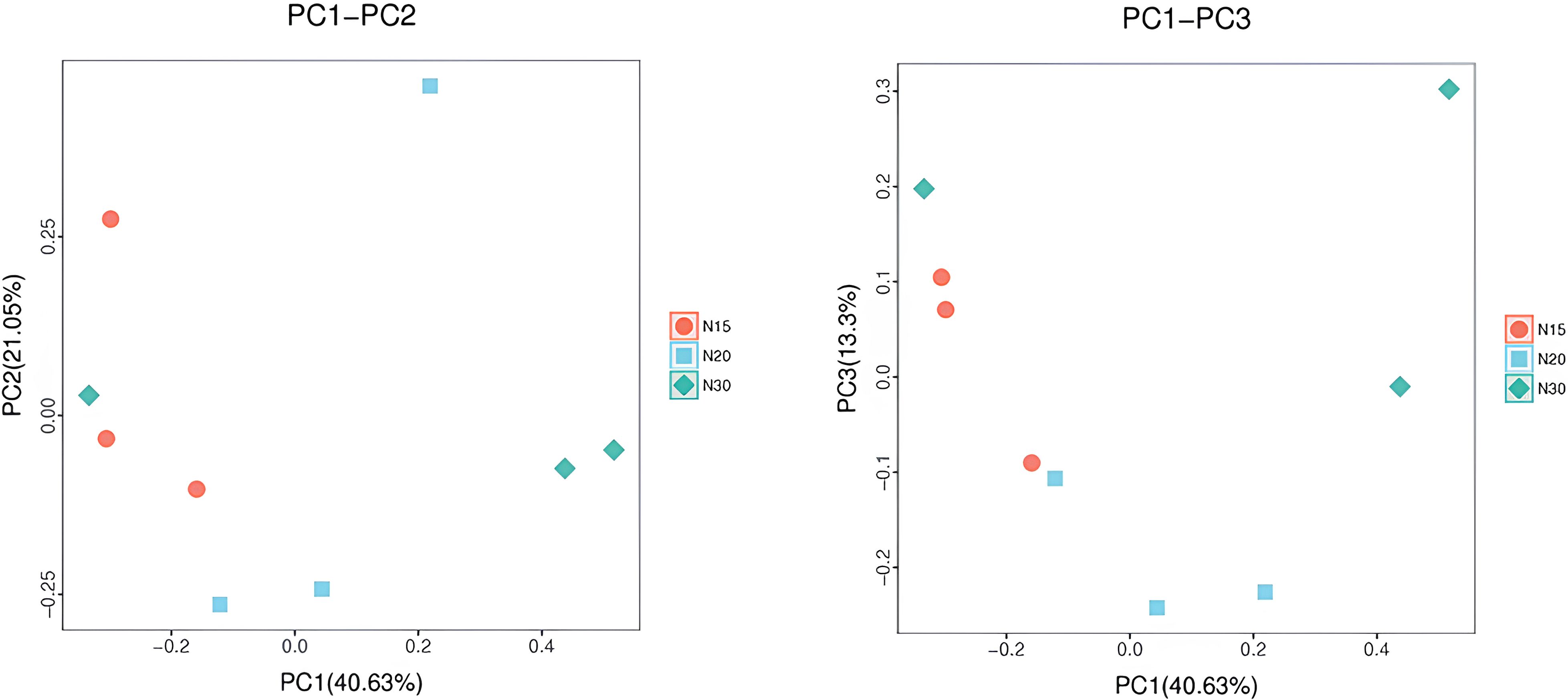 Two Principal Component Analysis (PCA) plots showing data points labeled N15, N20, and N30, represented by red circles, blue squares, and green diamonds respectively. The left plot compares PC1 (40.63%) with PC2 (21.05%), while the right plot compares PC1 (40.63%) with PC3 (13.3%).