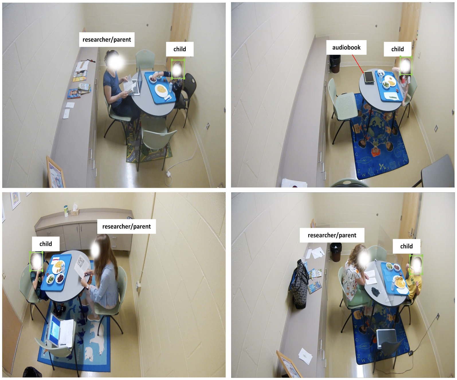 Four images depict a child and a researcher or parent in a small room. The child sits at a table, sometimes with food and a tray. In each image, different activities are noted, such as using an audiobook or reading materials. The room features plain walls and a rug.