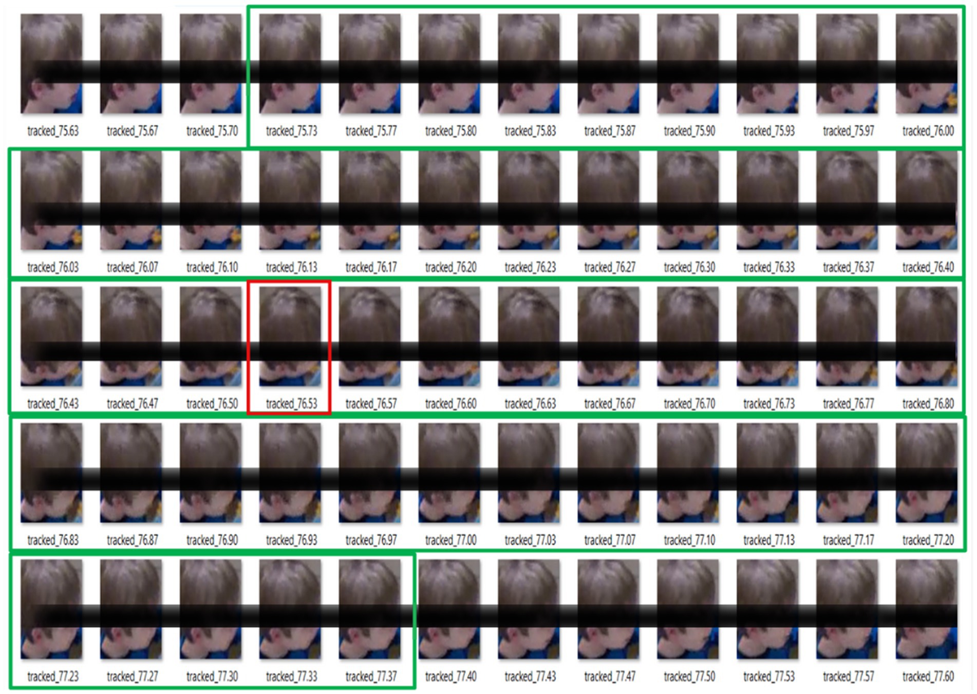 Grid of blurry headshots, primarily of a child's profile, with various tracking numbers. Certain images are outlined in green and one in red, indicating specific focus or significance. Black bars obscure parts of each image.