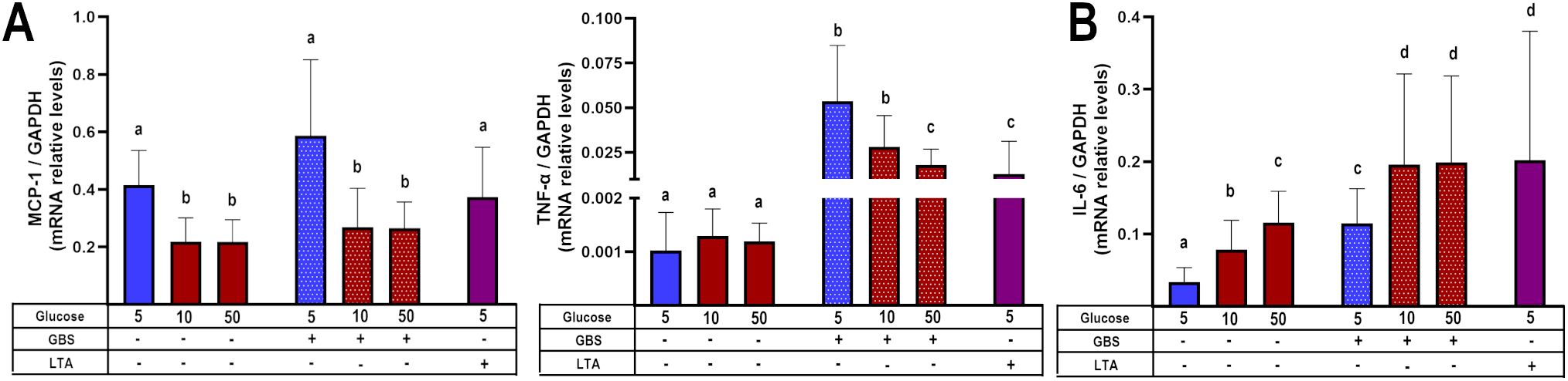 Bar graphs labeled A and B compare mRNA relative levels of MCP1, TNF-a, and IL-6 against GAPDH under varying glucose concentrations and conditions with GBS and LTA. Groups marked with different letters indicate significant differences.