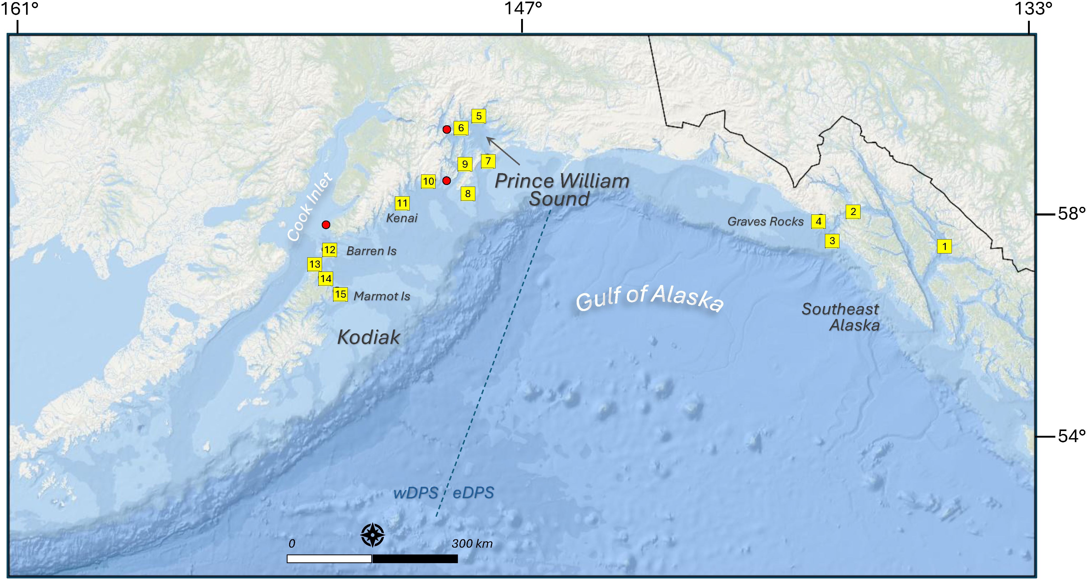 Map of the Gulf of Alaska region, showing Prince William Sound, Kodiakand Southeast Alaska. Key locations are marked with yellow numbers and red dots,including Cook Inlet, Marmot Island, Barren Islands, Kenai Peninsula and Graves Rocks. A scale and compass rose are at the bottom.