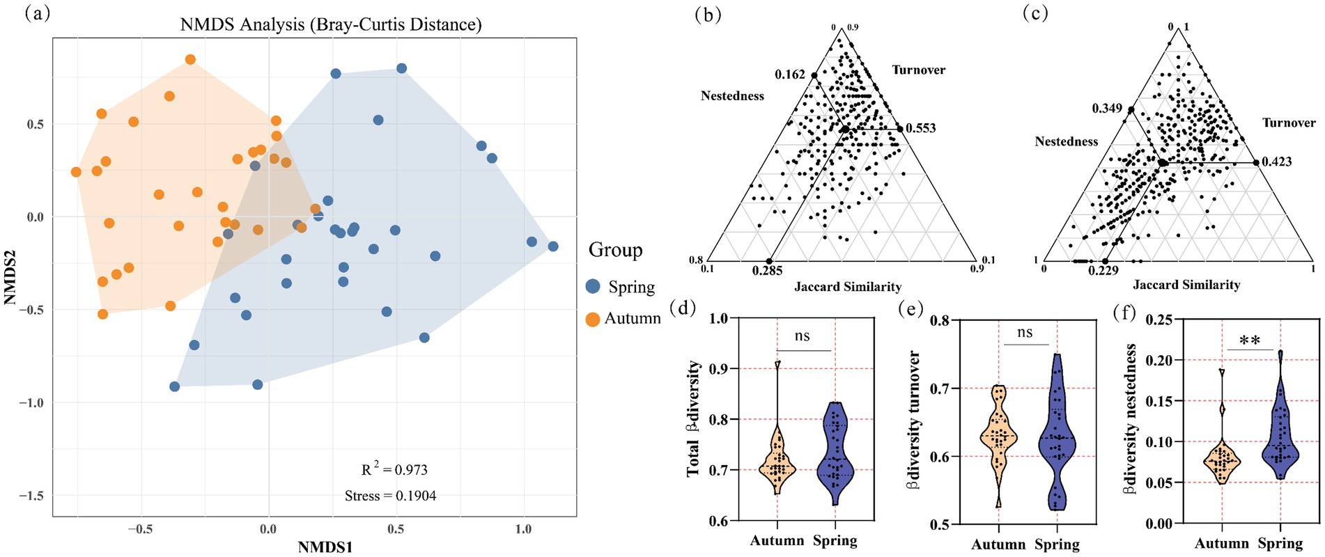 The image consists of six panels: (a) NMDS plot with Bray-Curtis distance showing distinct clusters for spring (blue) and autumn (orange), indicating seasonal variation. (b, c) Ternary plots depicting Jaccard similarity with nestedness and turnover for different conditions, labeled with specific values. (d, e) Violin plots comparing total beta diversity and beta diversity turnover between autumn and spring, labeled as