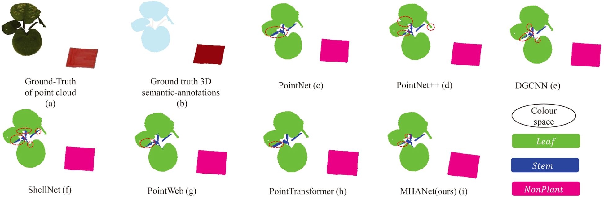 Comparison of 3D point cloud semantic annotation methods for plant structures. Each panel shows a different method: (a) Ground-Truth, (b) Ground Truth 3D semantic-annotations, (c) PointNet, (d) PointNet++, (e) DGCNN, (f) ShellNet, (g) PointWeb, (h) PointTransformer, (i) MHANet. Annotated using colors: green for leaf, blue for stem, and magenta for non-plant, with a legend specifying these.