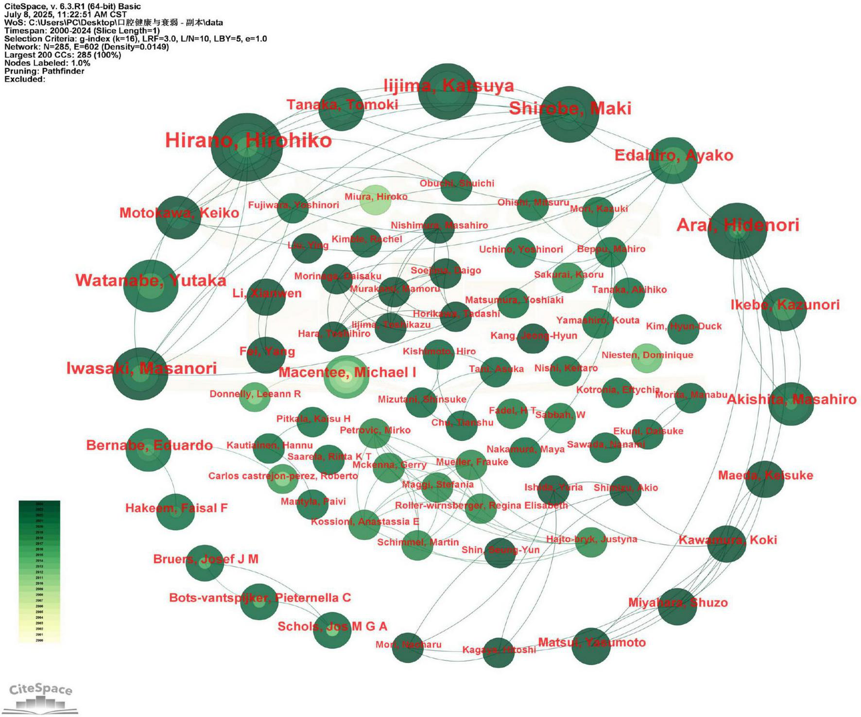 The provided description contains an inaccurate time frame. Please replace it with the following: ‘Network diagram illustrating co-authorship among researchers based on publications from 2000 to 2024. Nodes represent authors, sized by publication volume, with lines denoting collaboration links. A color gradient indicates relative citation or publication year.’